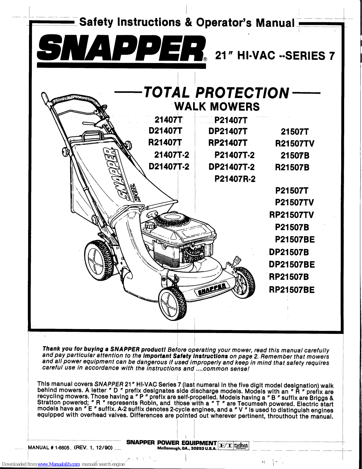 Snapper 21407T-2, D21407T-2, P21407T, DP21407T, RP21407T Operator's Manual