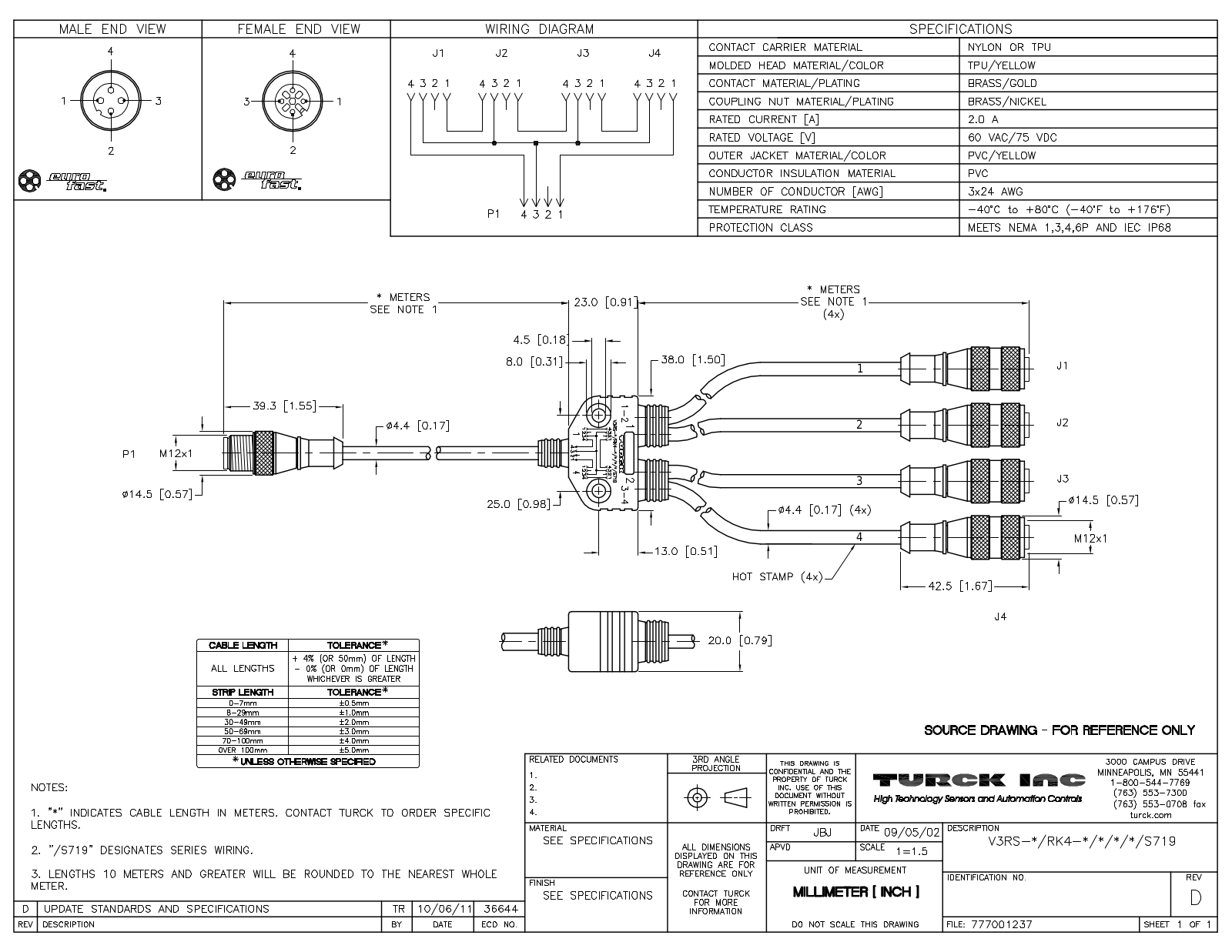 Turck V3RS-1/RK4-1/1/1/1/S719 Specification Sheet