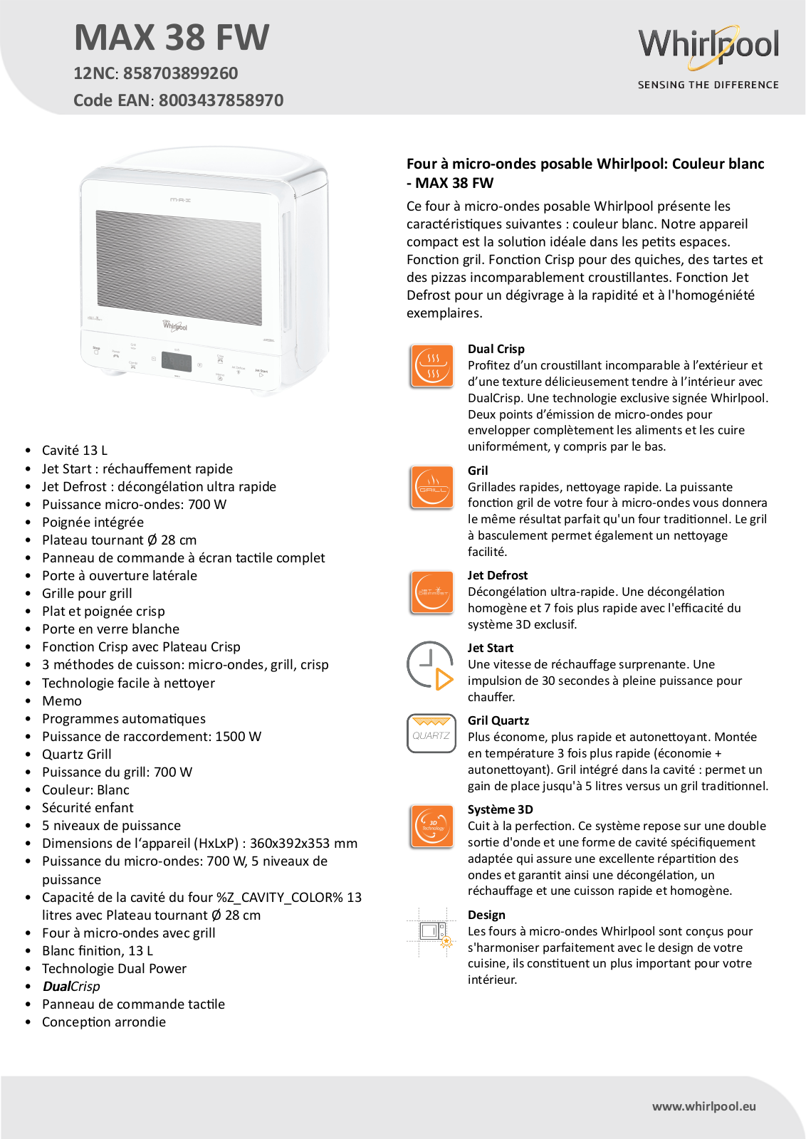 Whirlpool MAX 38 FW Product information