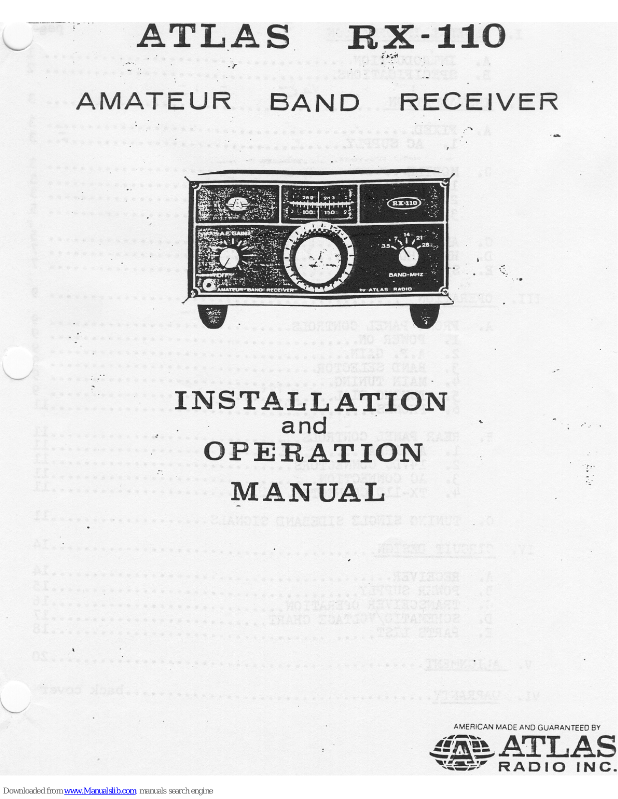 Atlas RX-110 Installation And Operation Manual