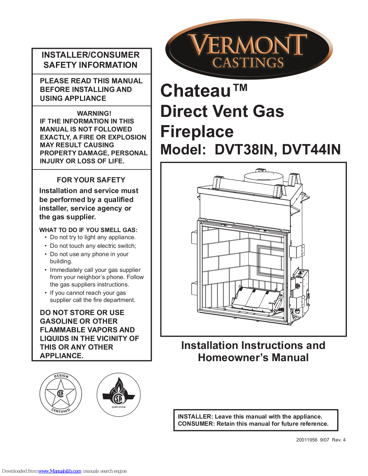 Vermont Castings DVT38IN, Chateau DVT44IN, Chateau DVT38IN Installation Instructions And Homeowner's Manual