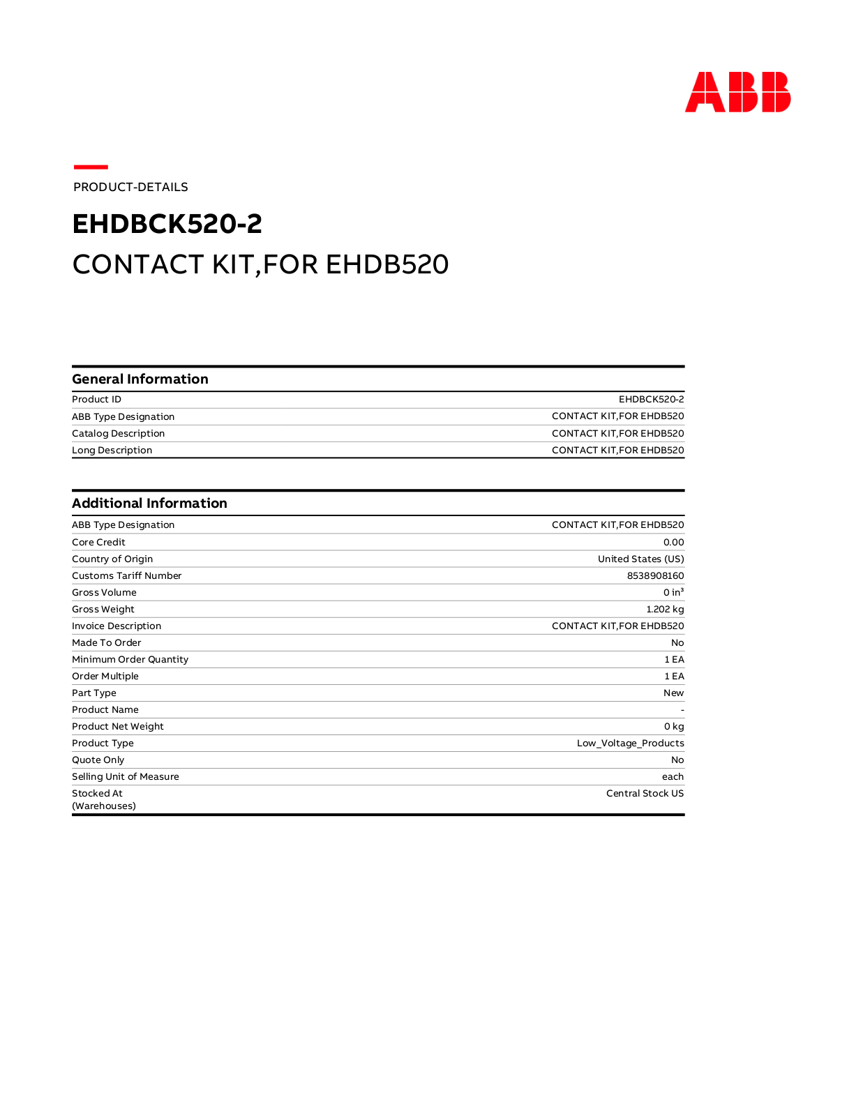 ABB EHDBCK520-2 Data Sheet