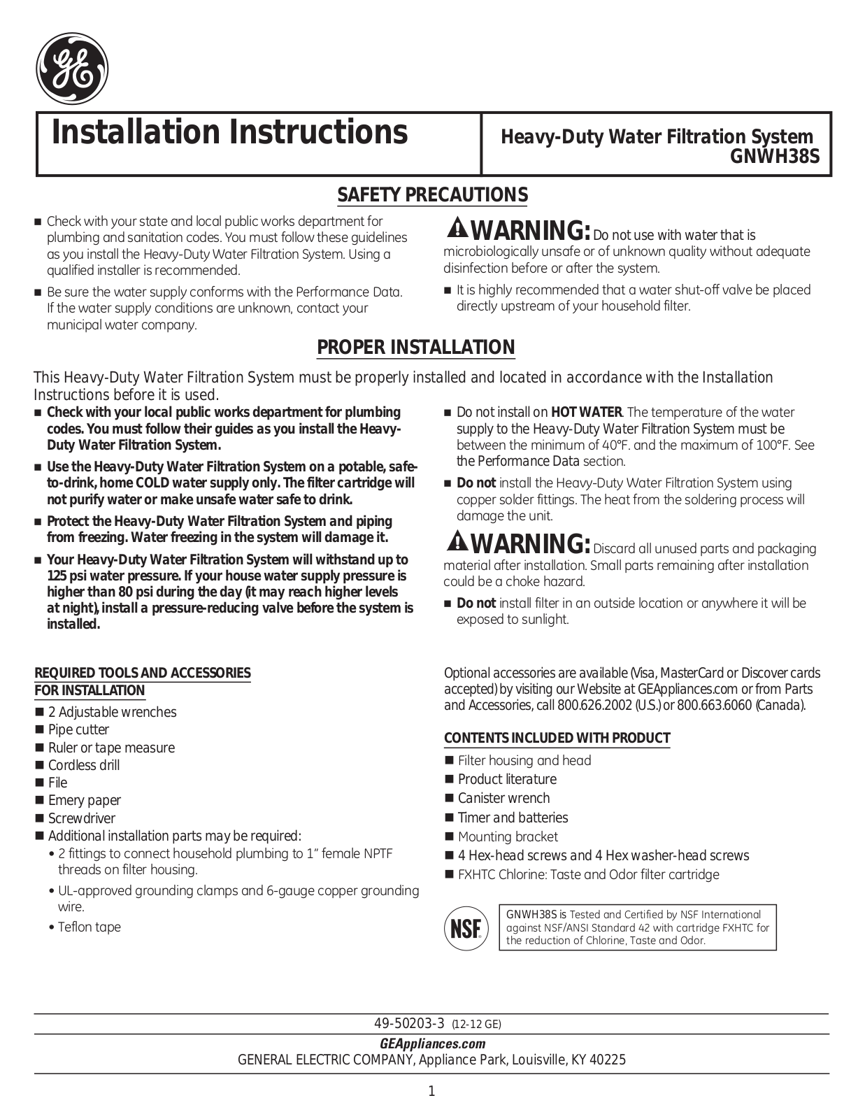 GE GNWH38S Installation Manual