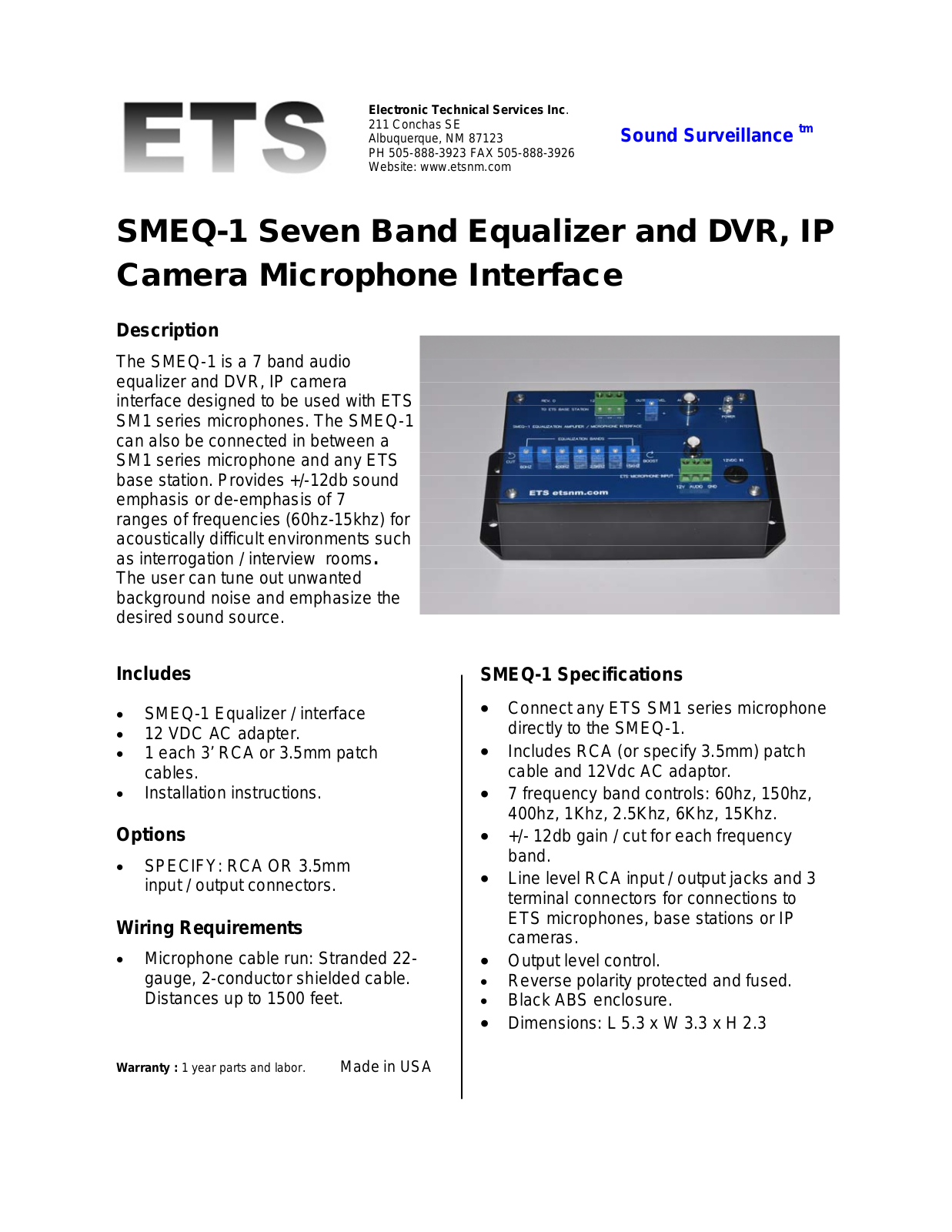 ETS SMEQ-1 Specsheet