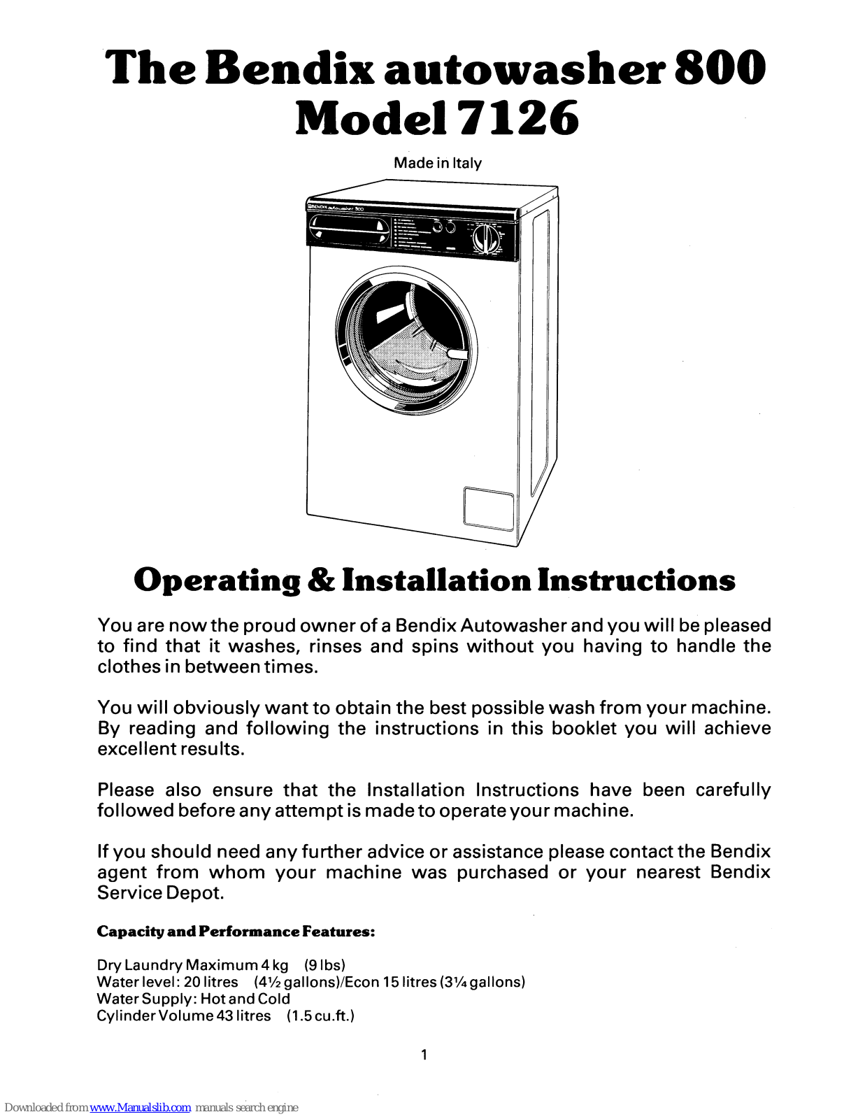 BENDIX 7126 Operating & Installation Instructions Manual