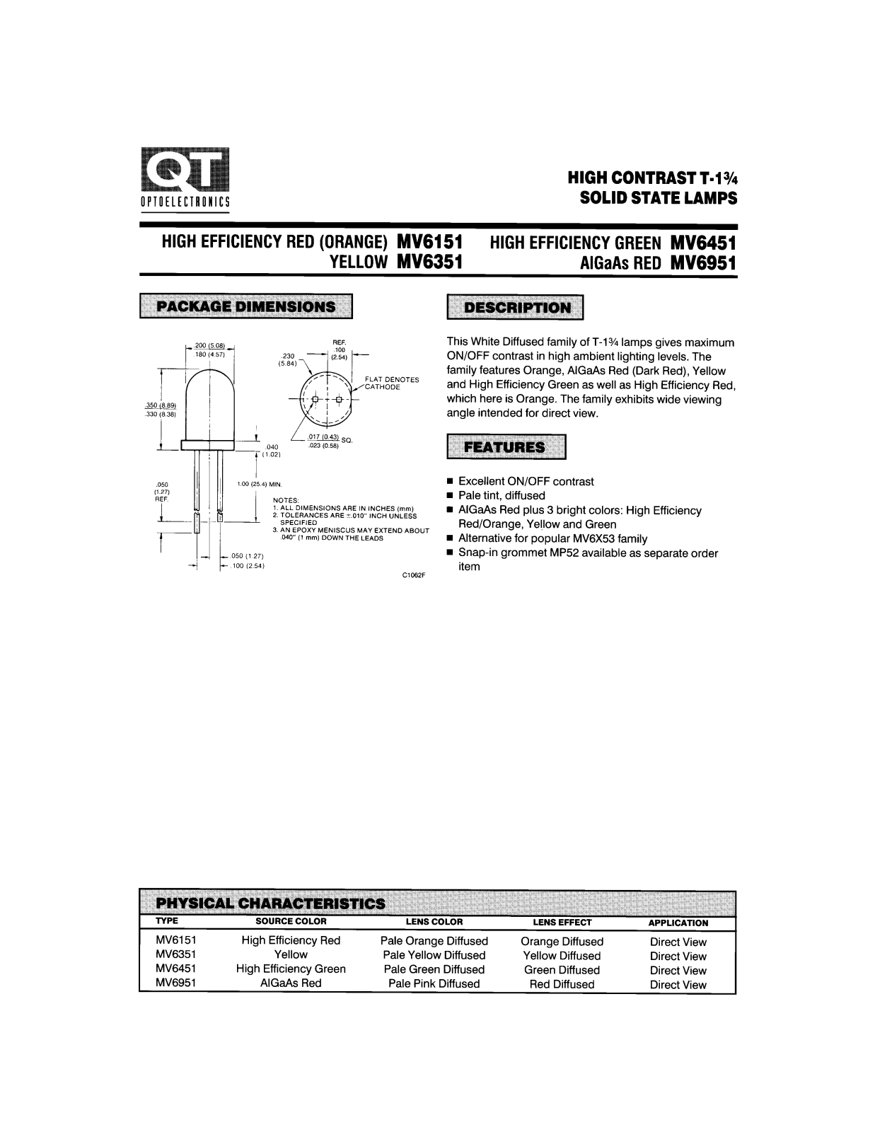 QT MV6151, MV6351, MV6451, MV6951 Datasheet