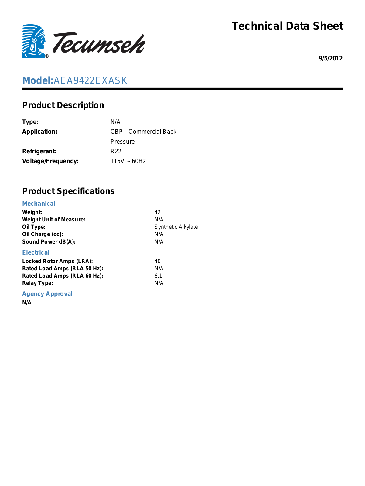 Tecumseh AEA9422EXASK User Manual