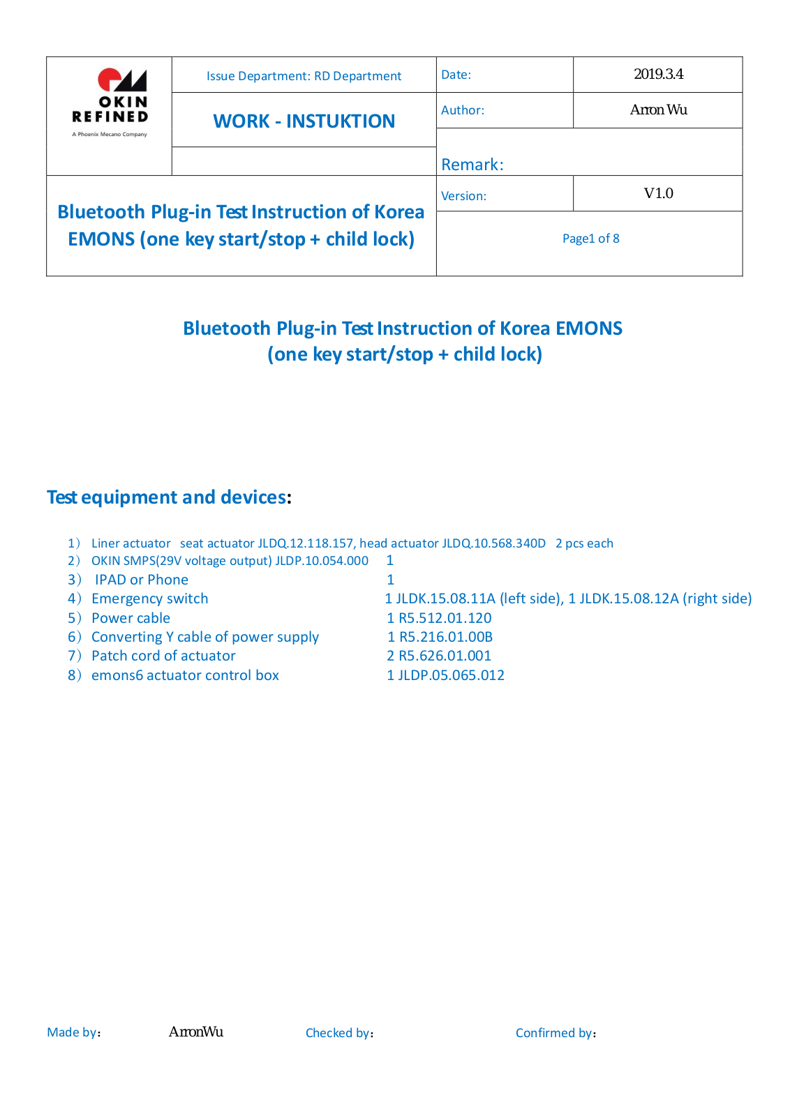 OKIN Refined Electric Technology BTCB0203 Users manual