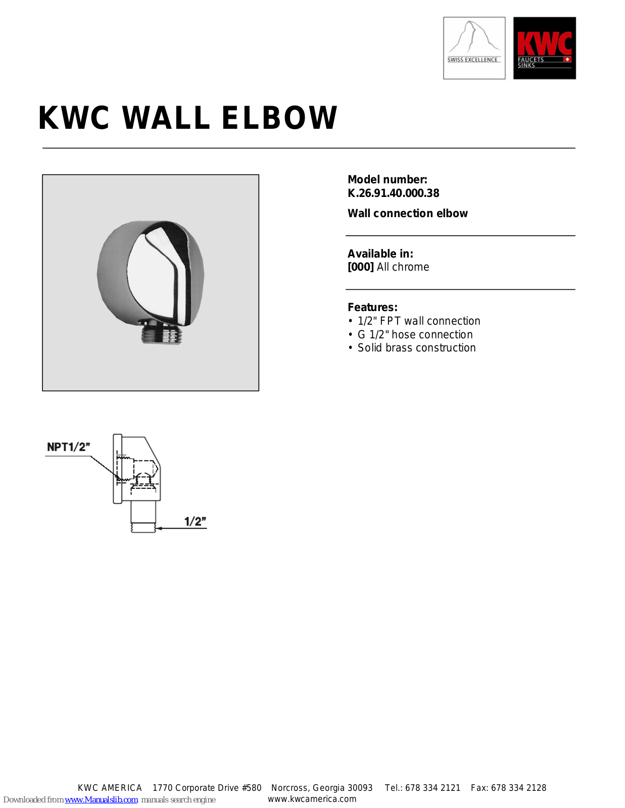 KWC Wall Elbow K.26.91.40.000.38 Specification Sheet