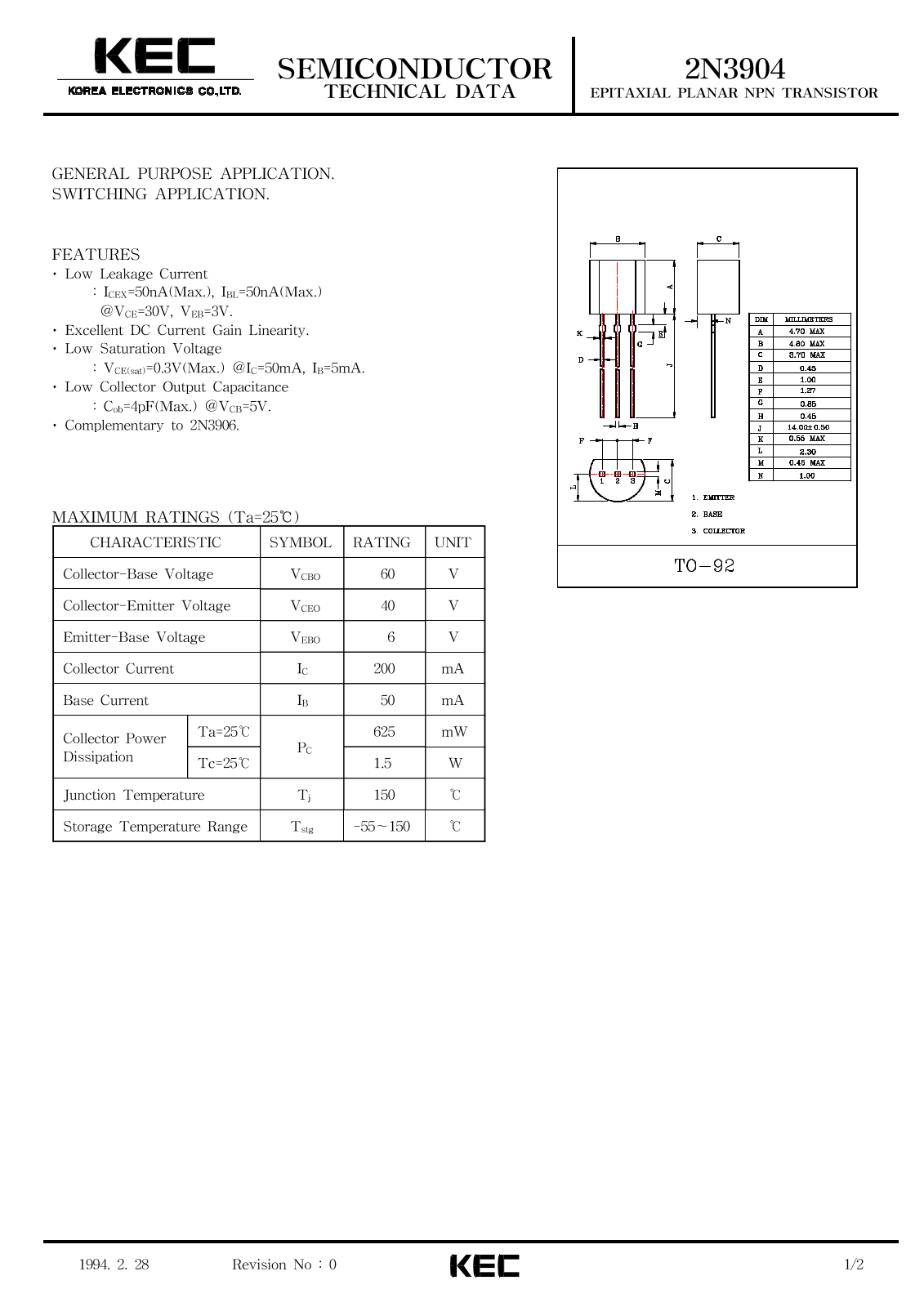 Korea Electronics Co  Ltd 2N3904 Datasheet