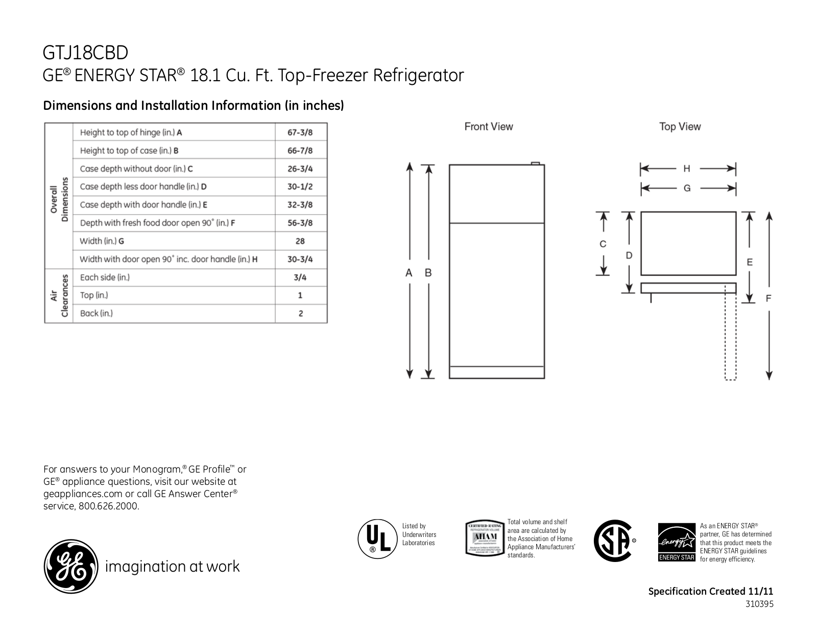 GE GTJ18CBD Specification