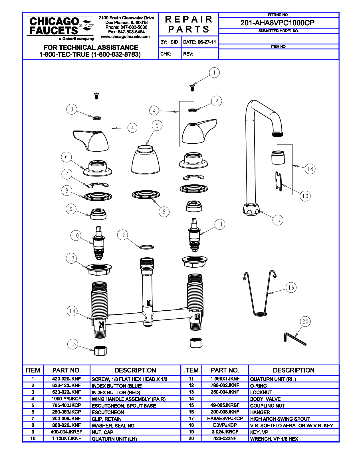 Chicago Faucet 201-AHA8VPC1000CP Parts List