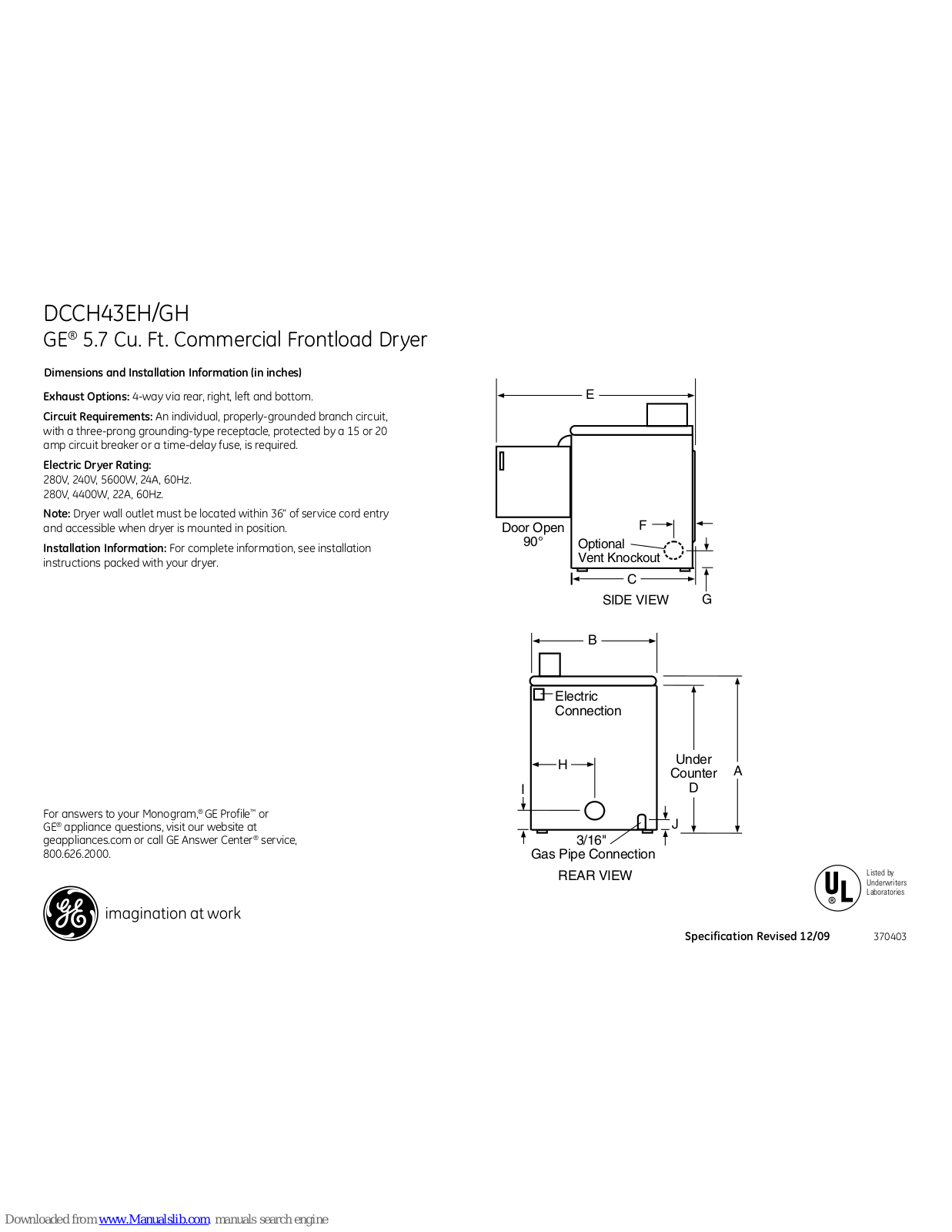 GE DCCH43GH, DCCH43EHWW, DCCH43GHWW Dimensions And Installation Information