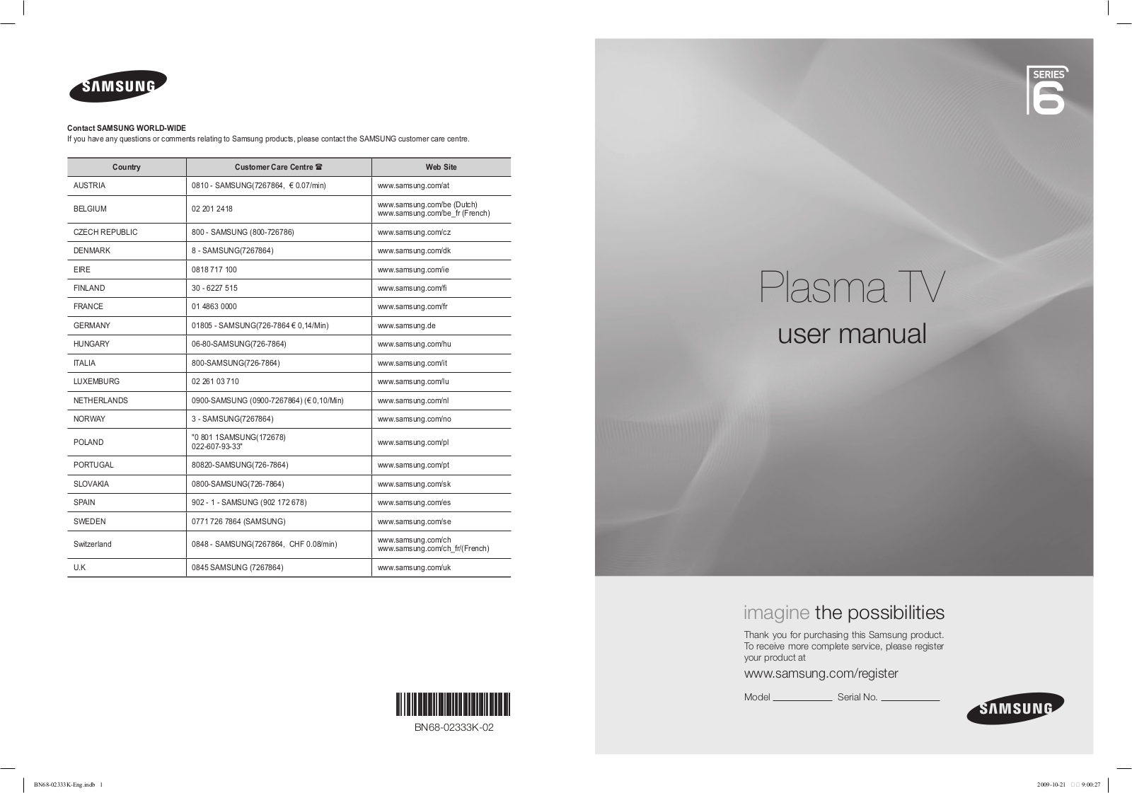 Samsung PS50B650S1W User Manual