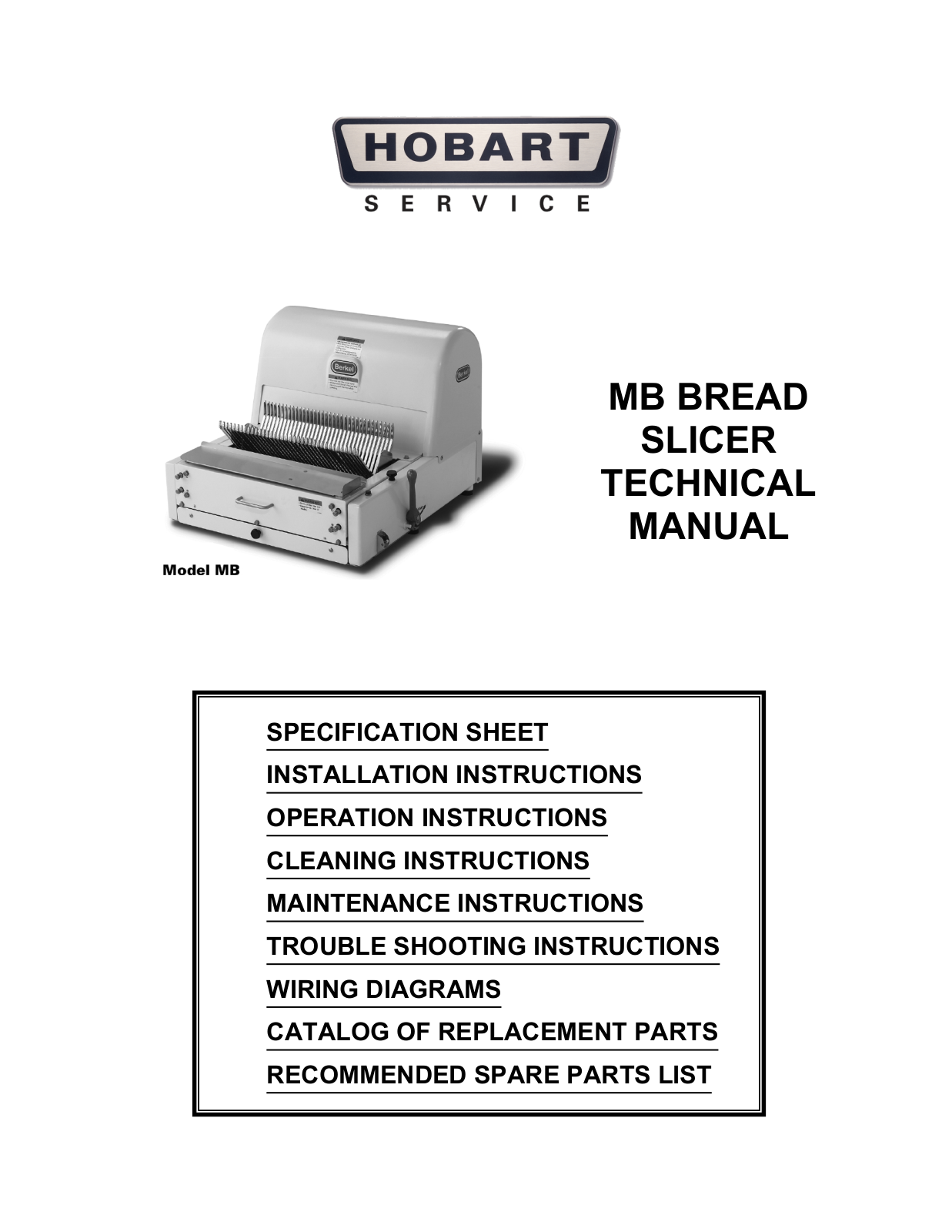 Hobart MB BREAD  SLICER User Manual