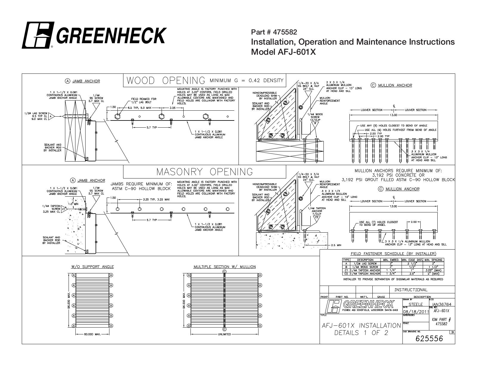 Greenheck AFJ-601X Installation  Manual