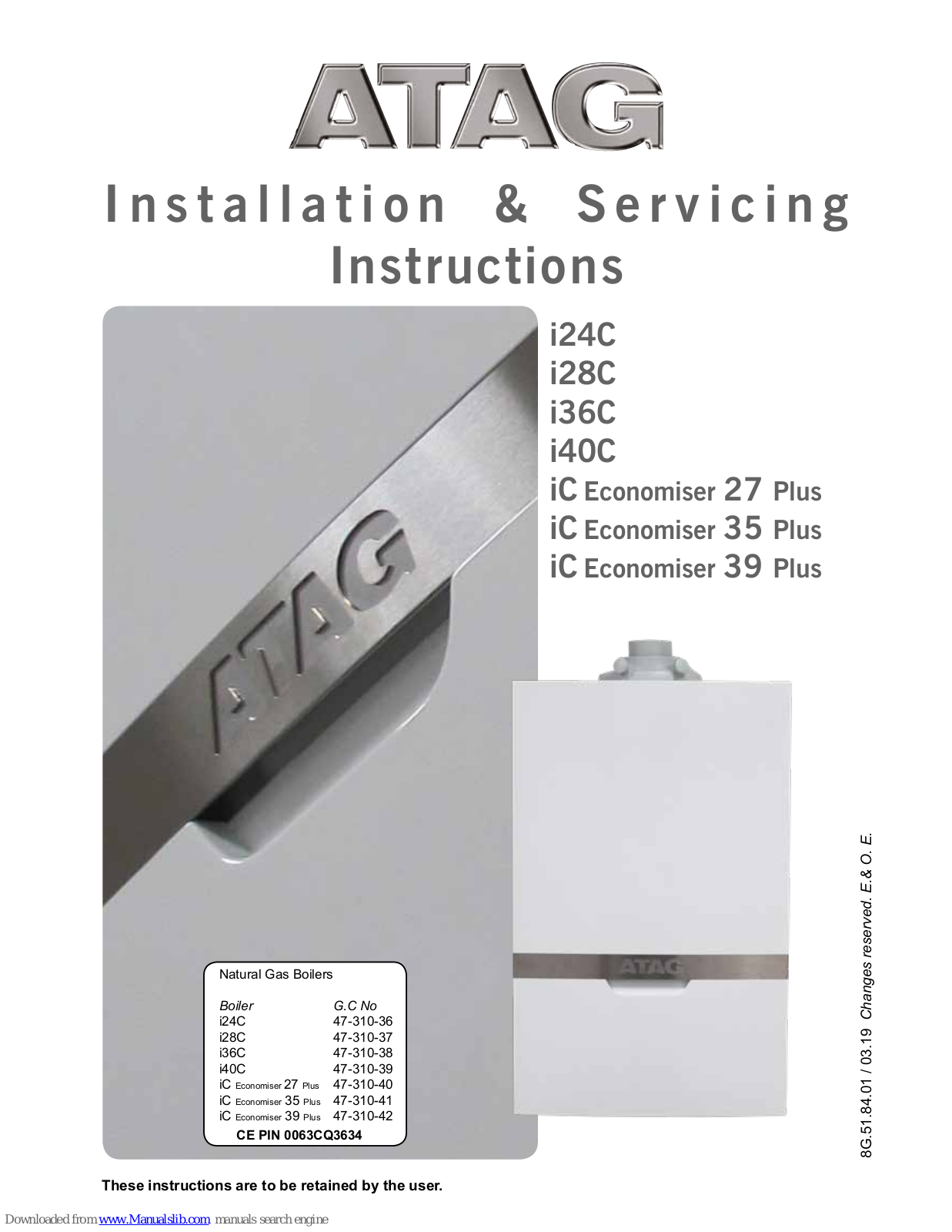 Atag i28C, i24C, iC Economiser 35 Plus, iC Economiser 39 Plus, i36C Installation & Servicing Instructions Manual