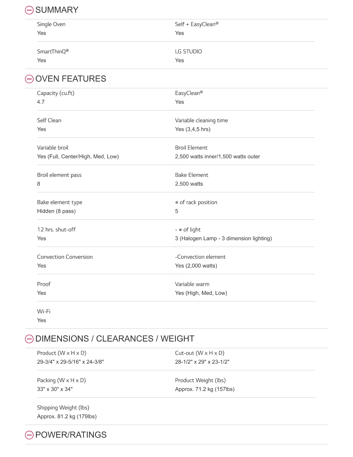 LG LSWS307ST PRODUCT SPECIFICATIONS