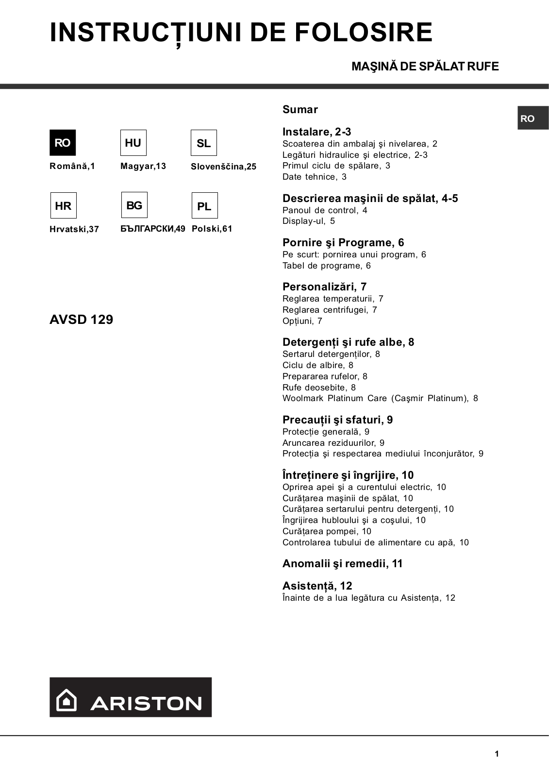 Hotpoint Ariston AVSD 129 User Manual