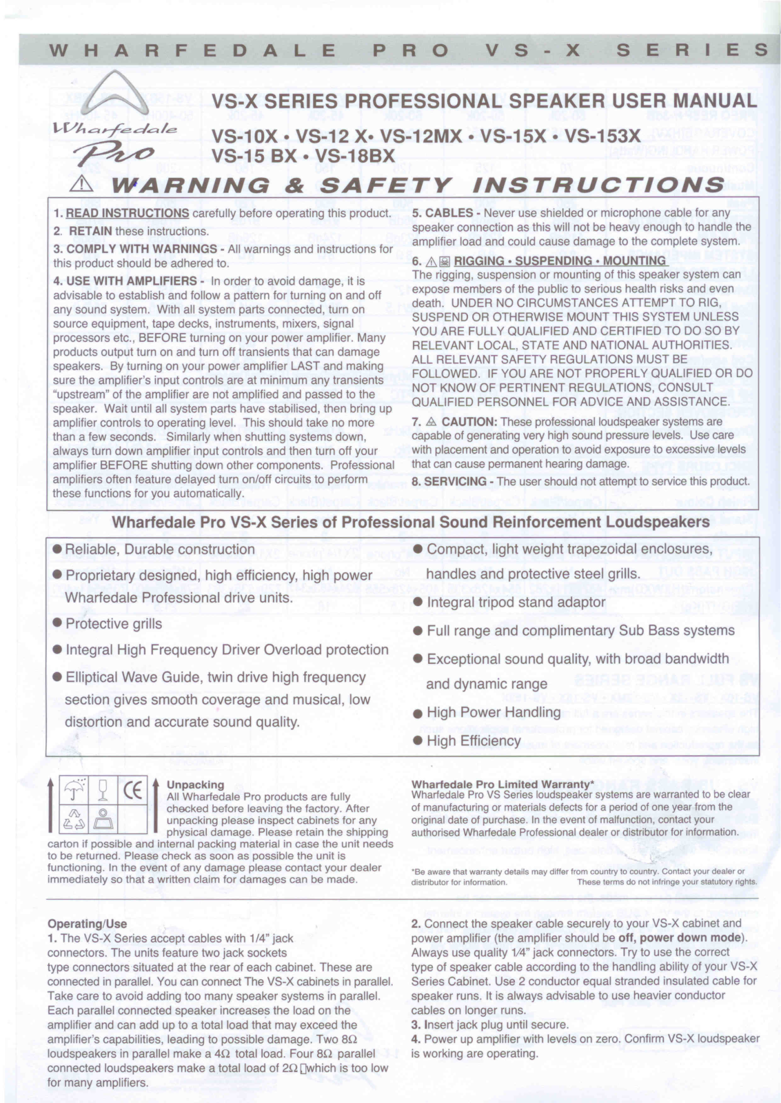 Wharfedale Pro VS-X Series Operating Manual