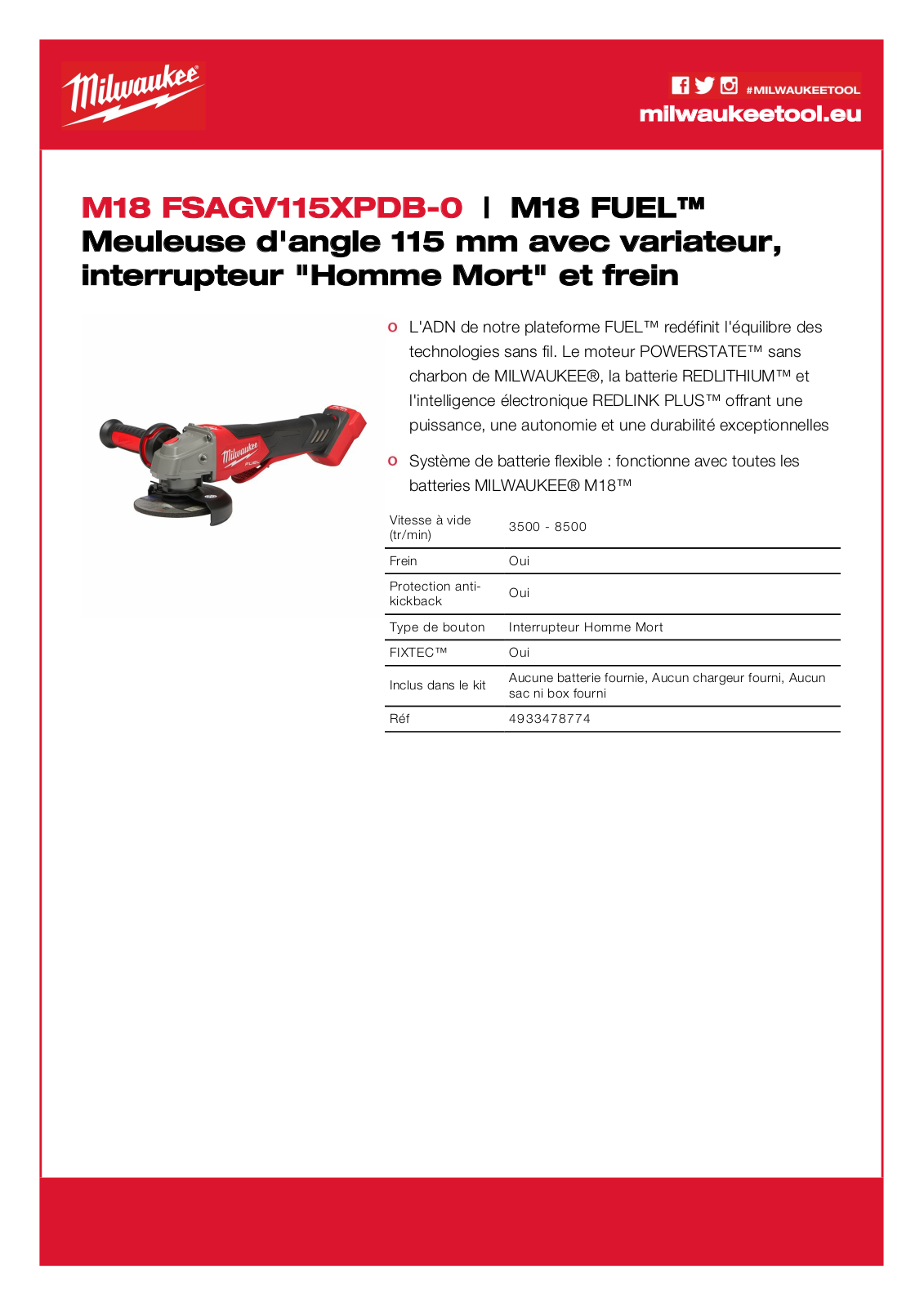 Milwaukee 4933478774, M18 FSAGV115XPDB-0 Specification - ManualMachine.com