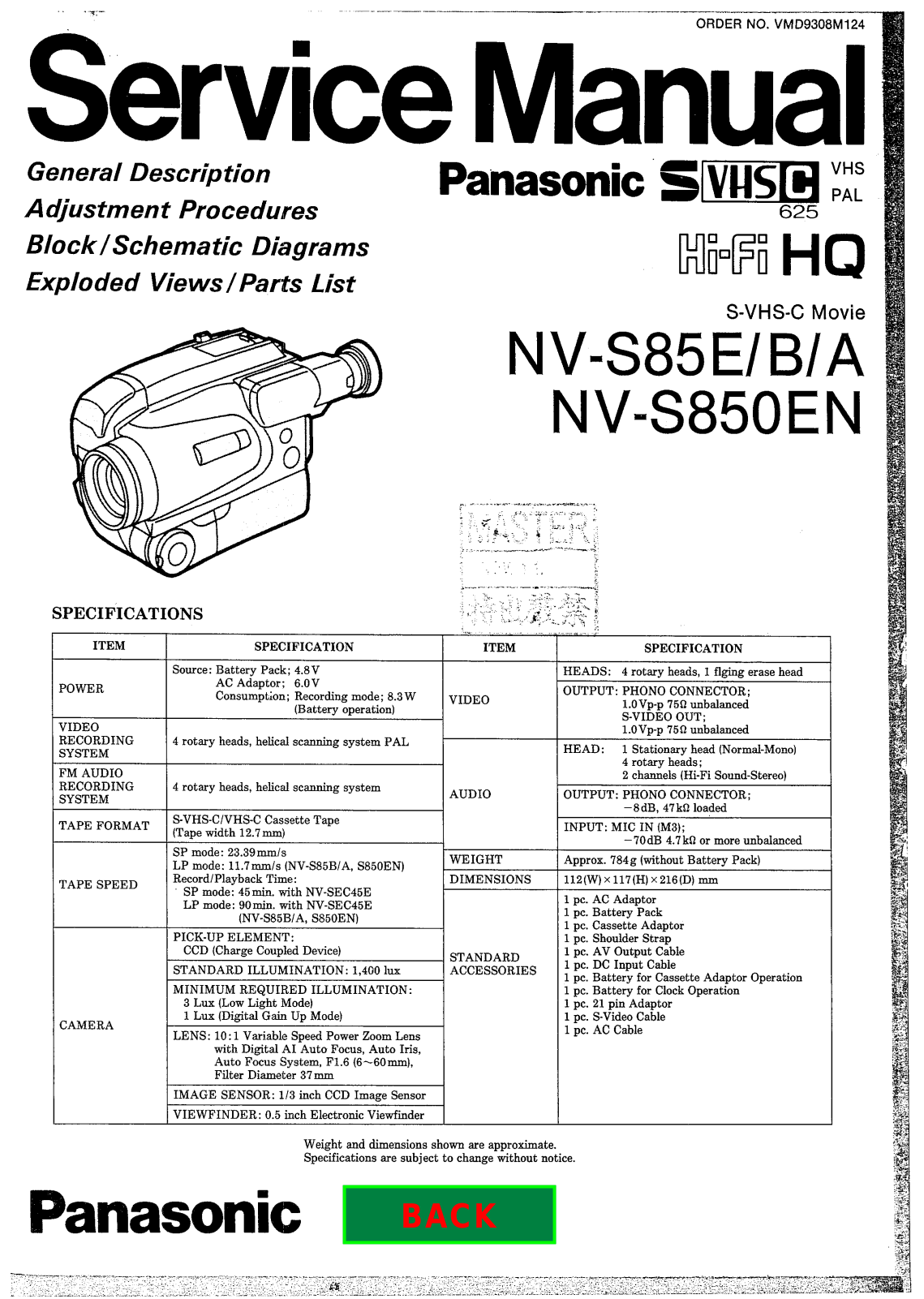 Panasonic NV-S85, NV-S850 Service Manual