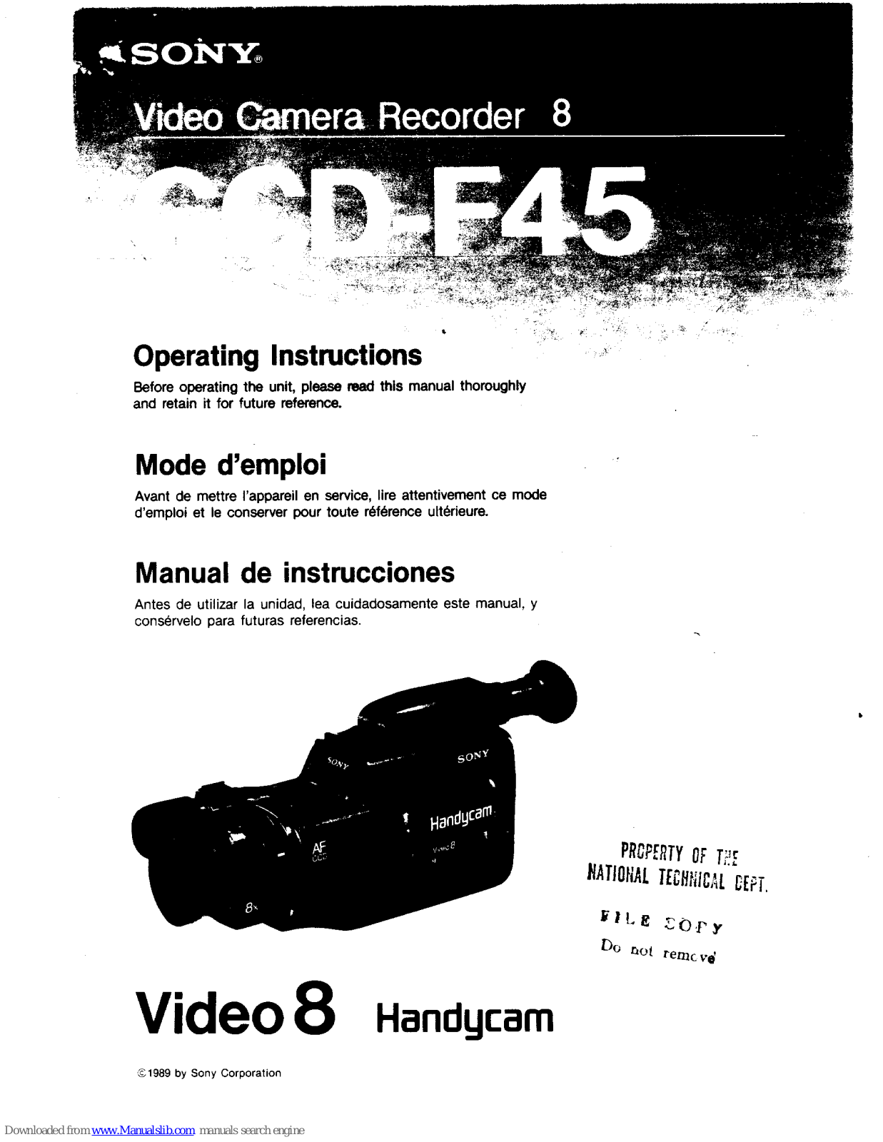 Sony Video8 Handycam CCD-F45 Operating Instructions Manual