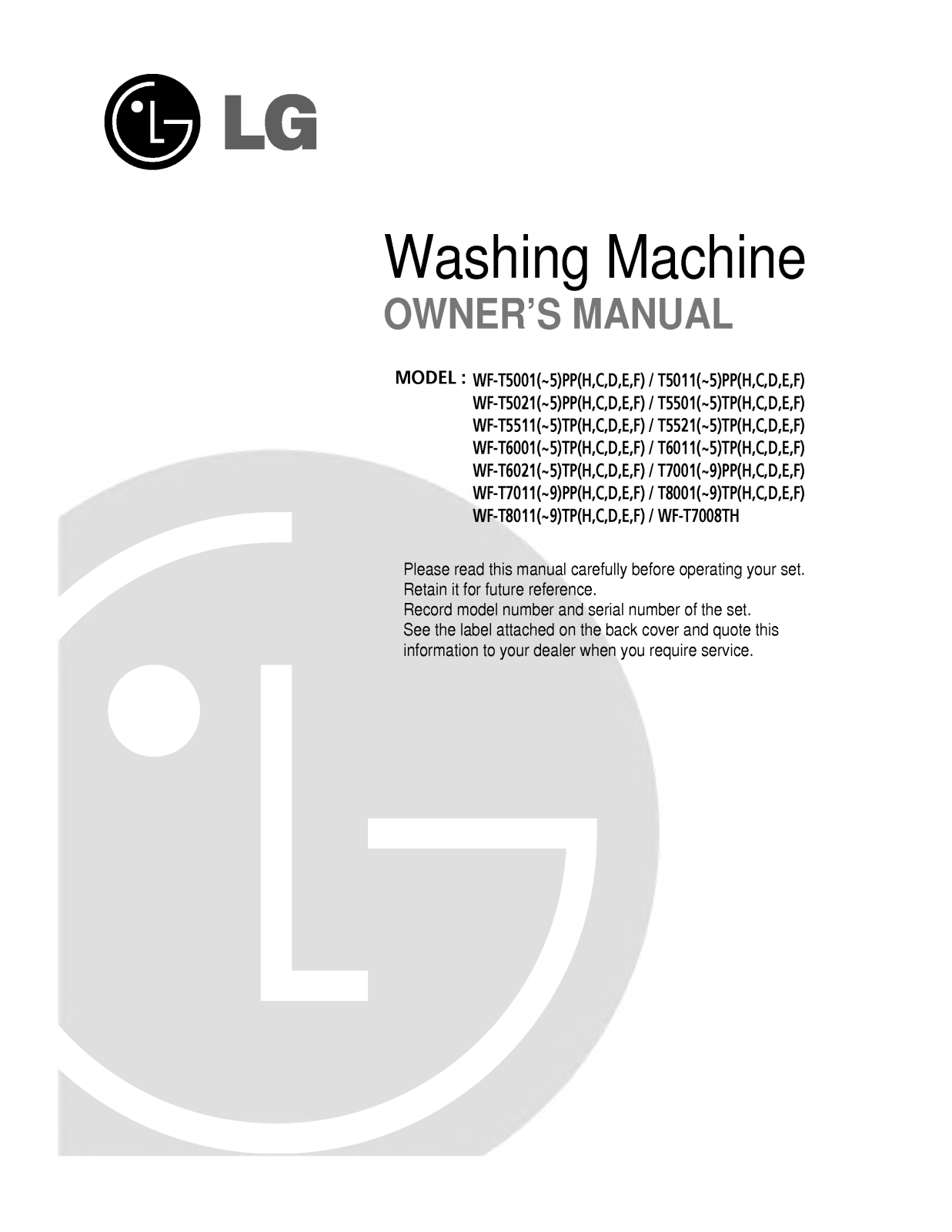 LG WF-T5004PP, WF-T6015TC, WF-T7008TC, WF-T7008TH User Manual