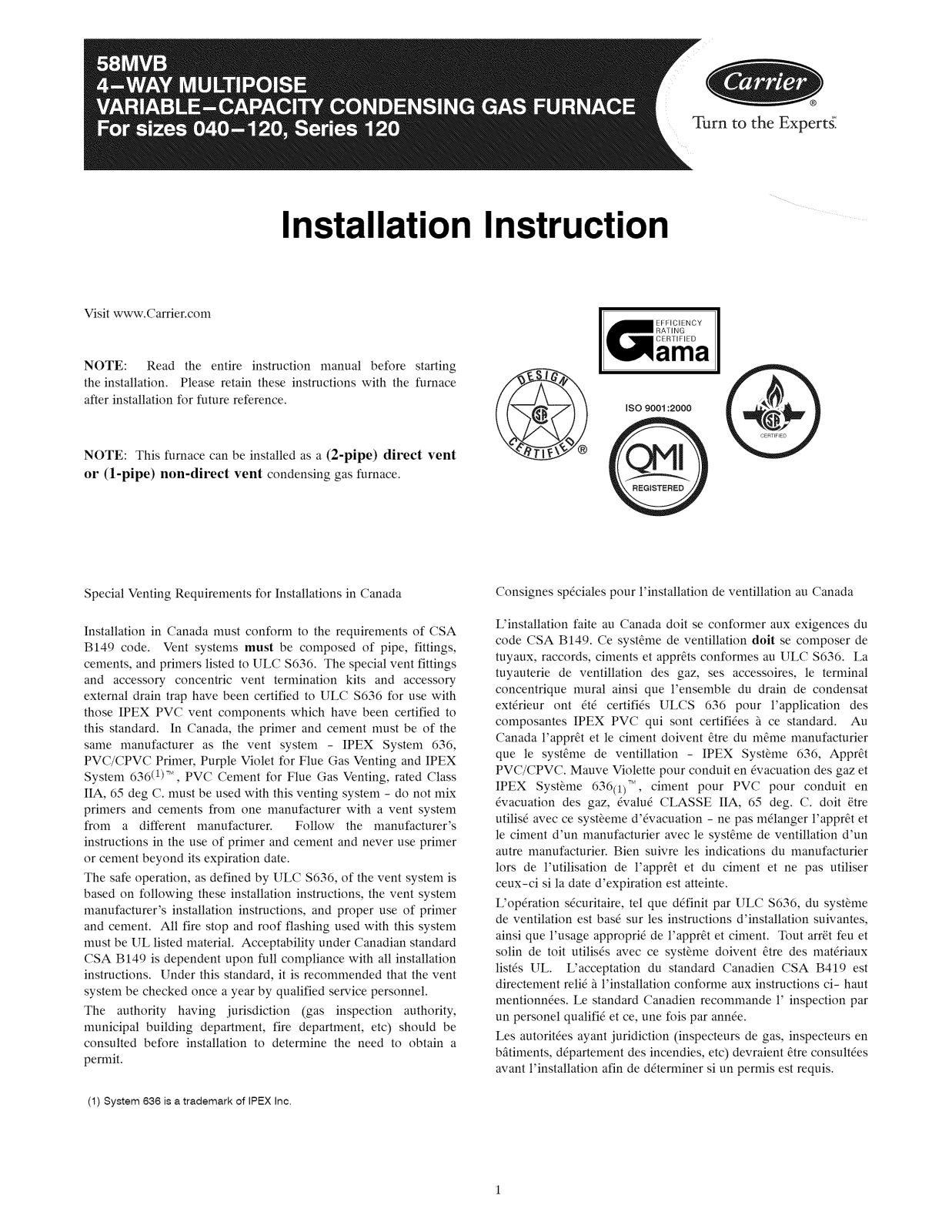 Carrier 58MVB120F10120, 58MVB060F10114, 58MVB100F10120, 58MVB080F10120, 58MVB080F10116 Installation Guide - ManualMachine.com