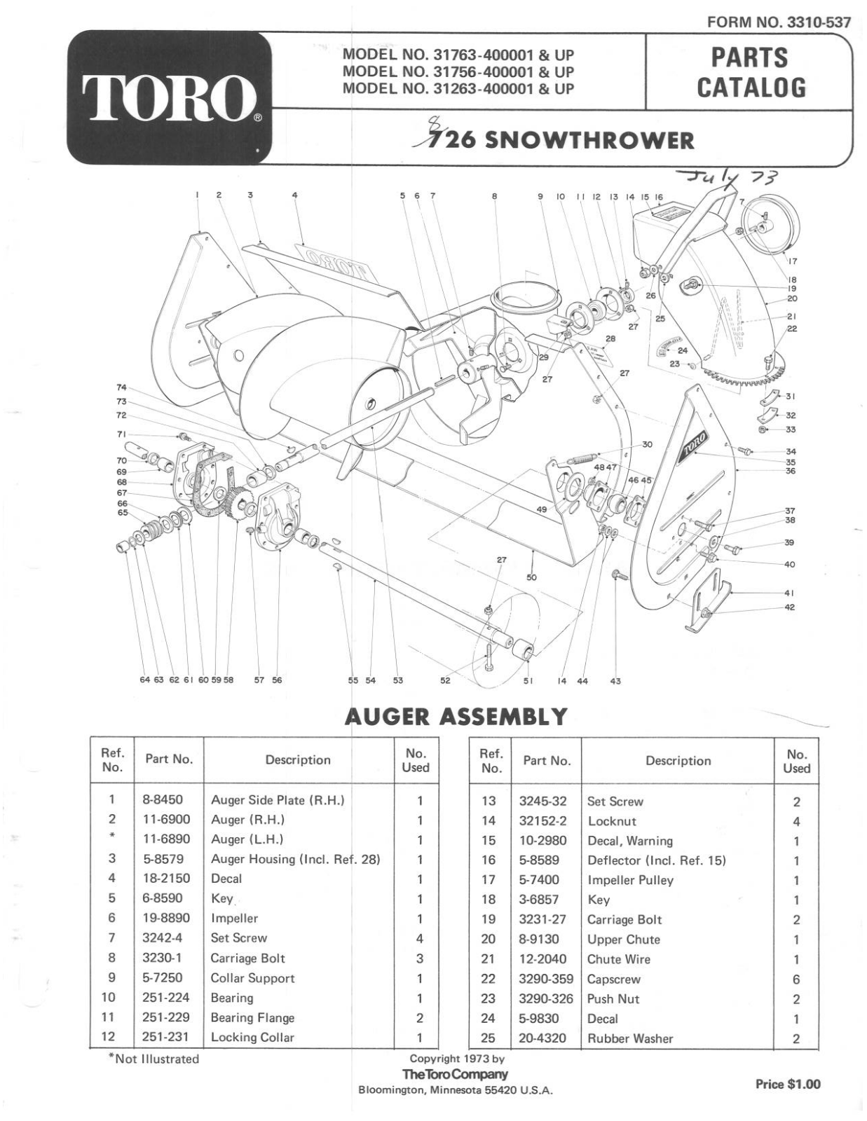 Toro 31263, 31763, 31756 Parts Catalogue