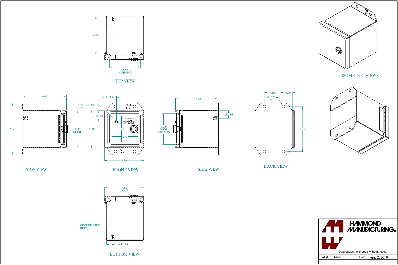 Hammond Manufacturing EJ444 technical drawings