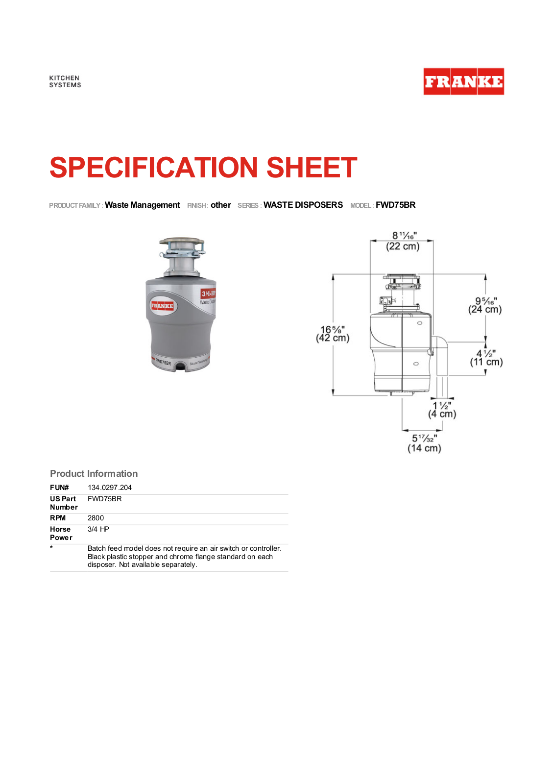 Franke Foodservice FWD75BR User Manual