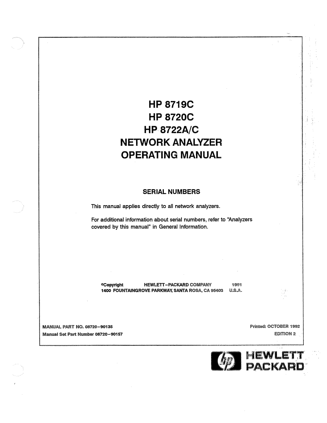 HP (Hewlett-Packard) 8722A, HP8722A, HP8719, HP8720, 8719 User Manual