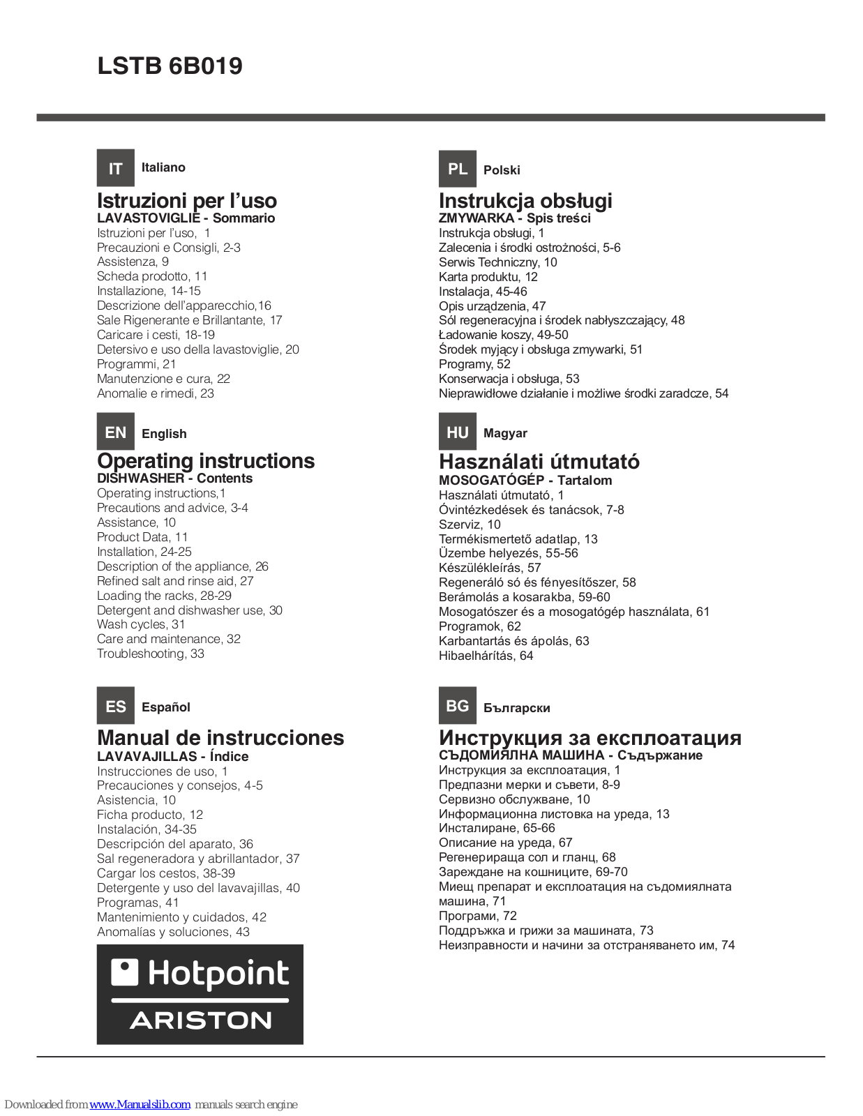 Hotpoint Ariston LSTB 6B019 Operating Instructions Manual