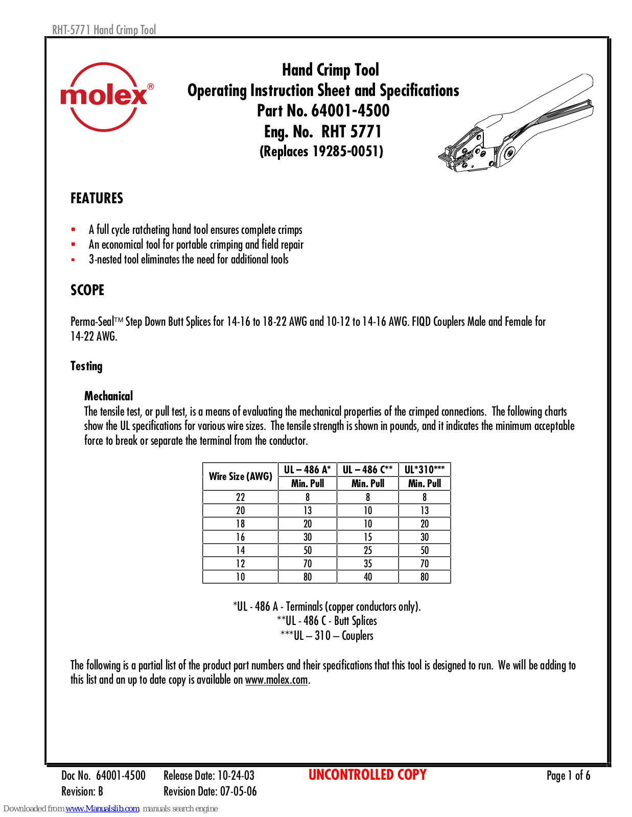 molex RHT-5771, 64001-4500 Specifications