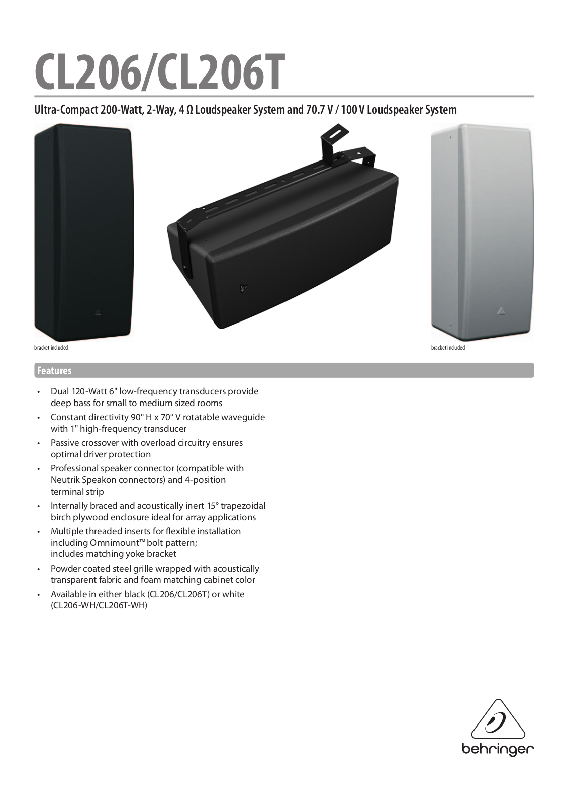 Behringer CL206-WH, CL206T, CL206T-WH Specification Sheet