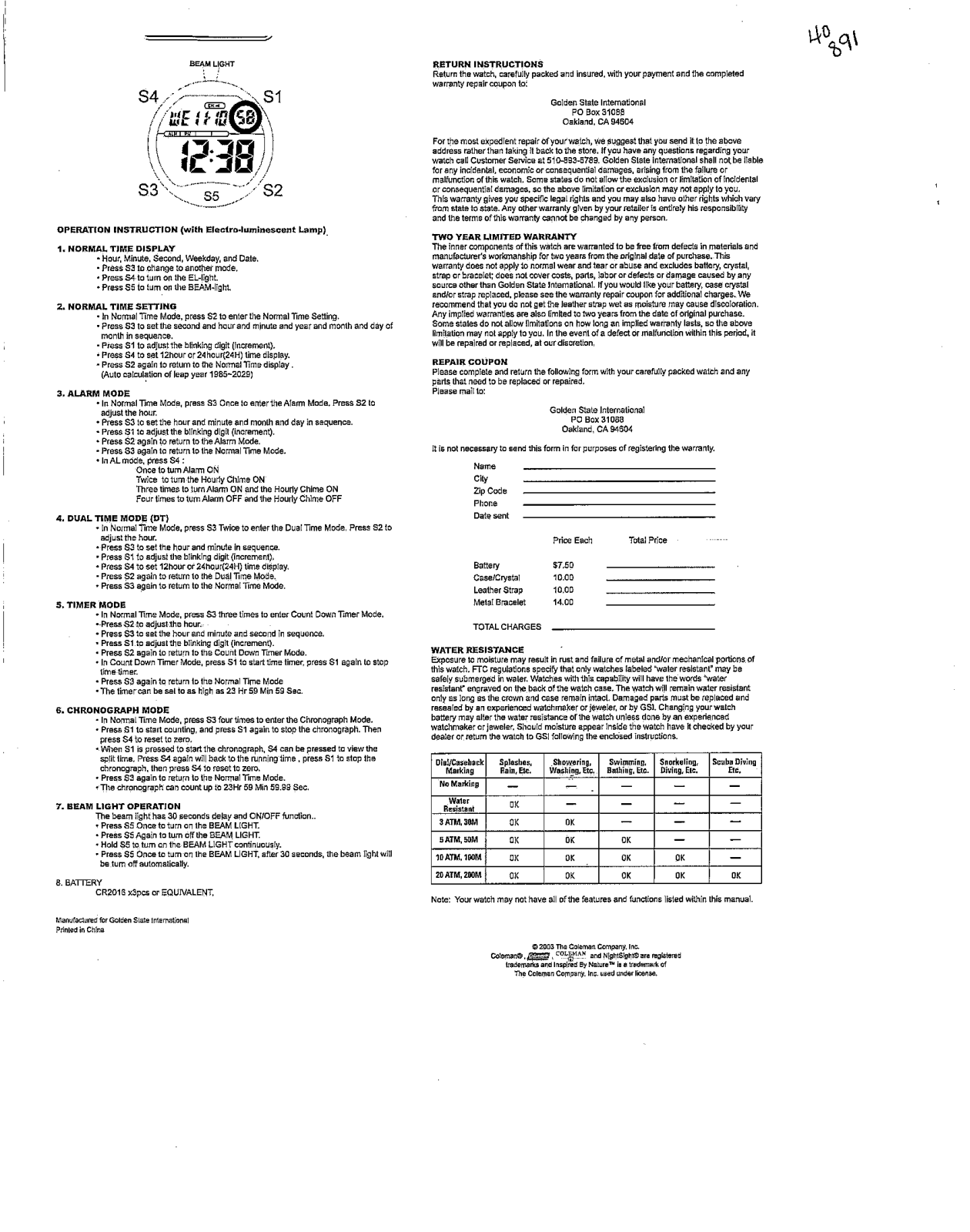 Golden State International 40-869 User Manual