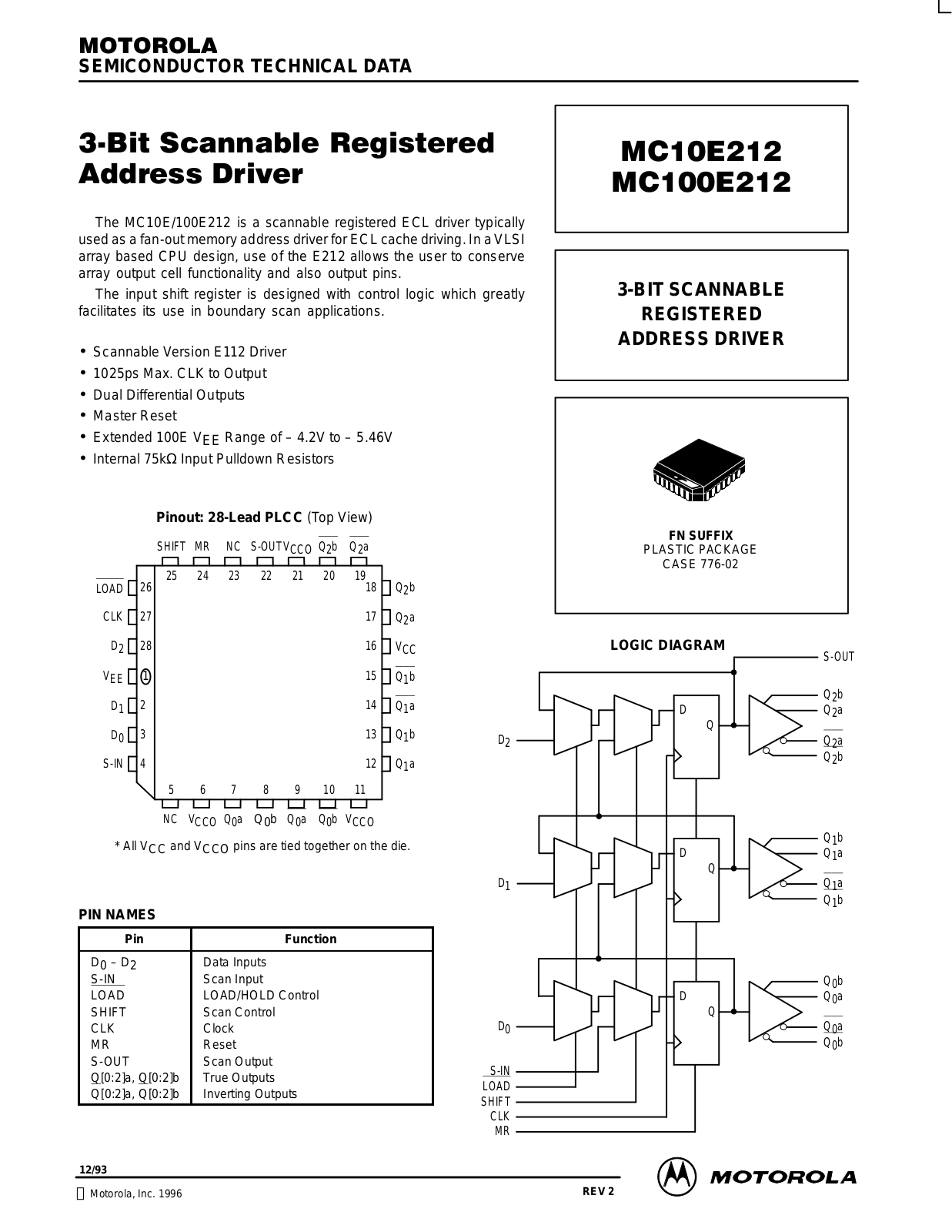 MOTOROLA MC10E212, MC100E212 Technical data