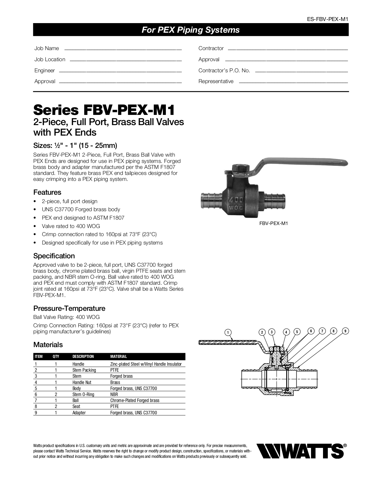 Watts FBV-PEX-M1 User Manual