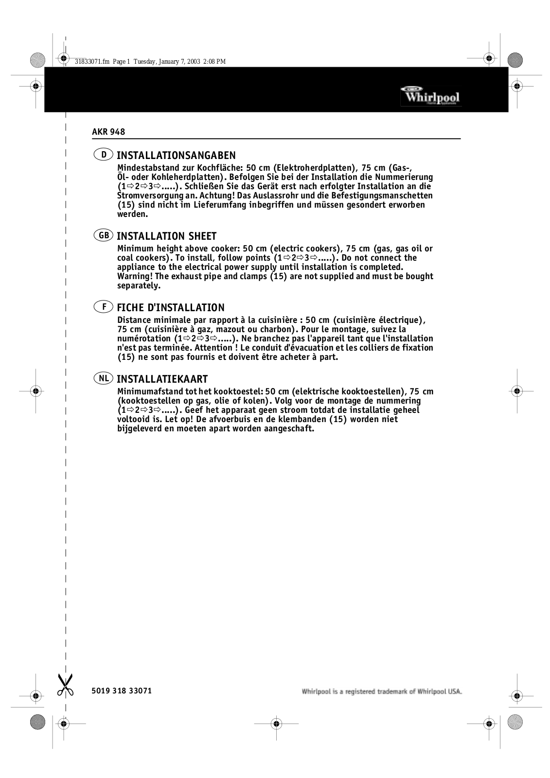 Whirlpool AKR 948 AL INSTRUCTION FOR USE