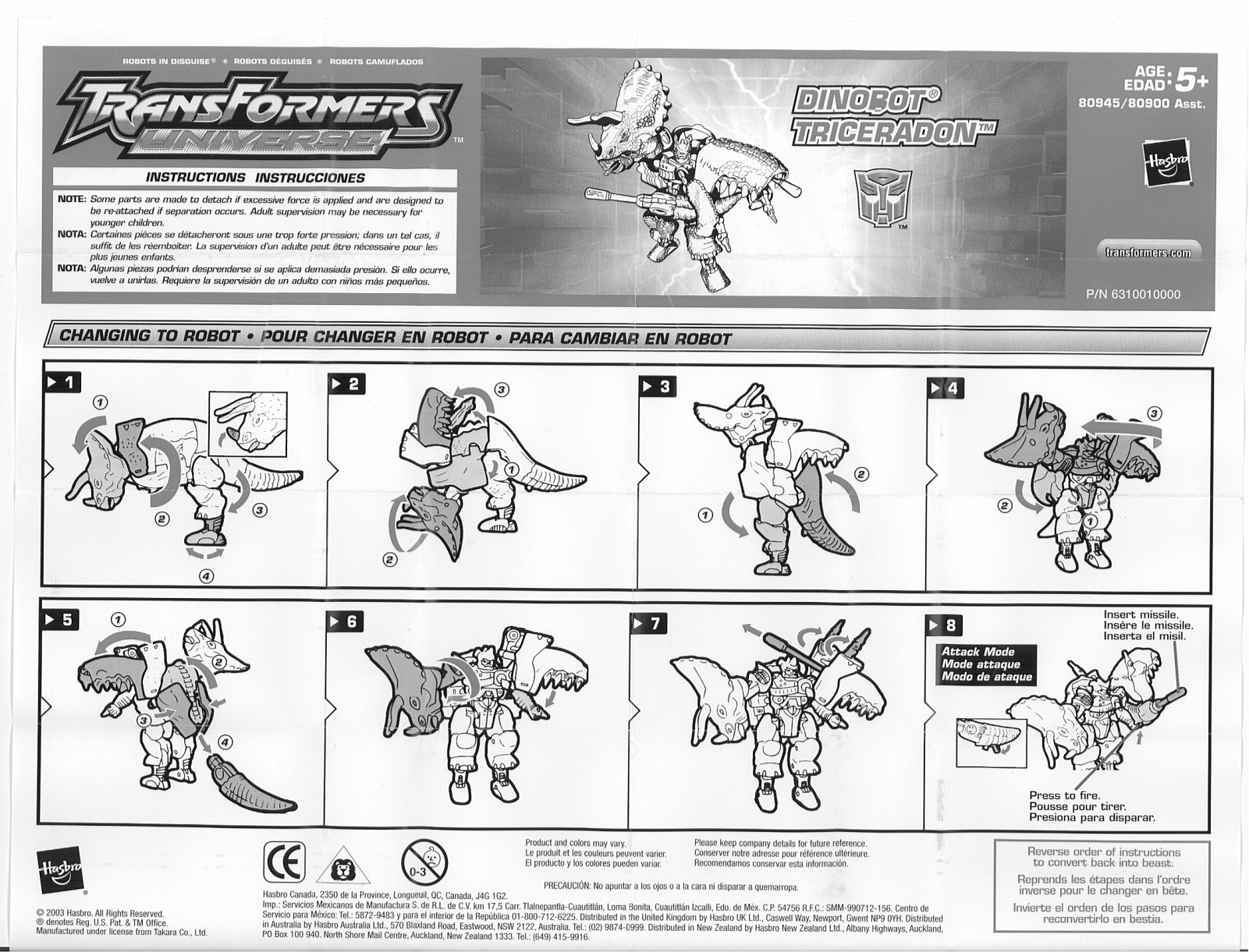 HASBRO Transformers Universe Dinobot Triceradon User Manual