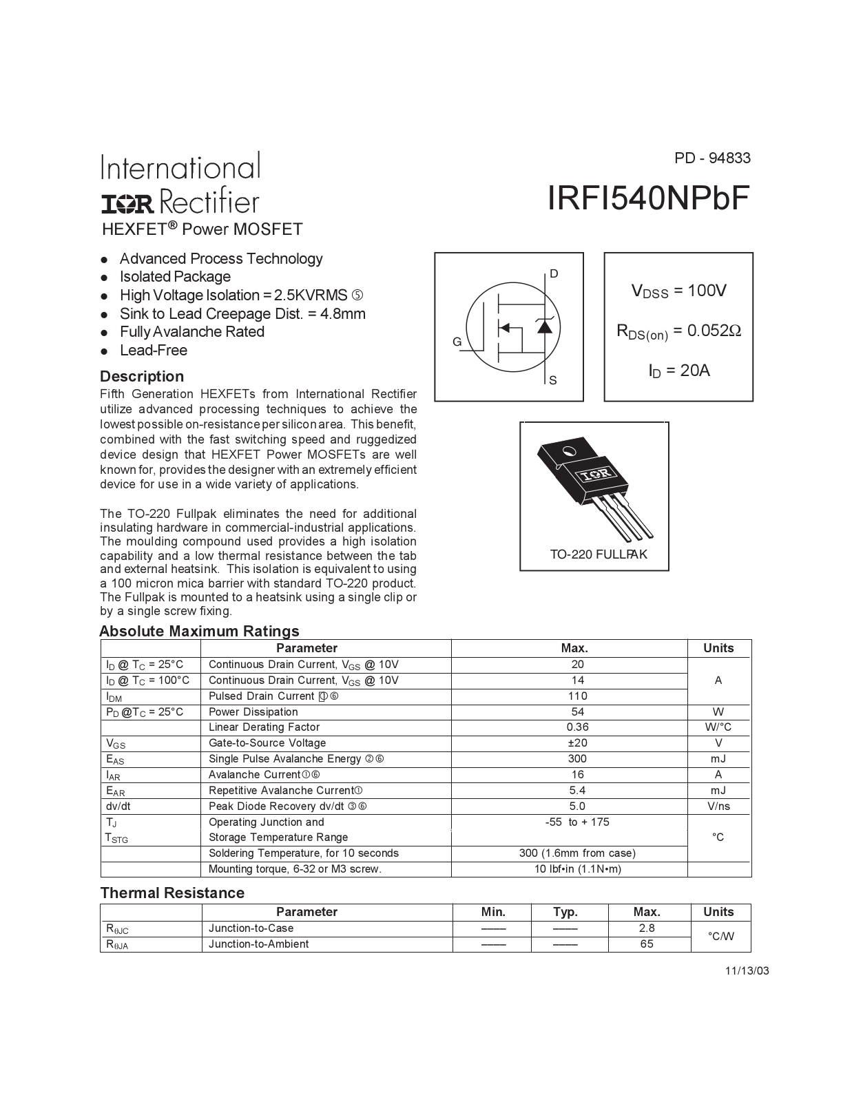 Datasheet IRFI 540Npbf Datasheet - ManualMachine.com