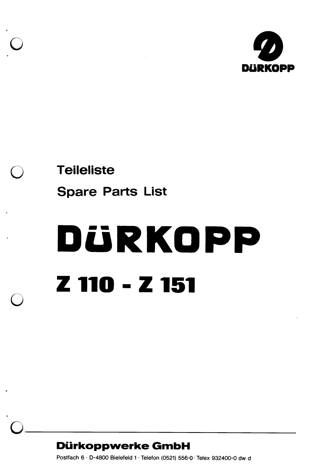 DURKOPP Z110, Z151 Parts List