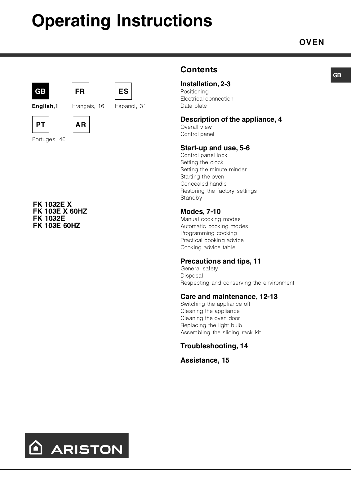 Hotpoint FK 1032E X User Manual