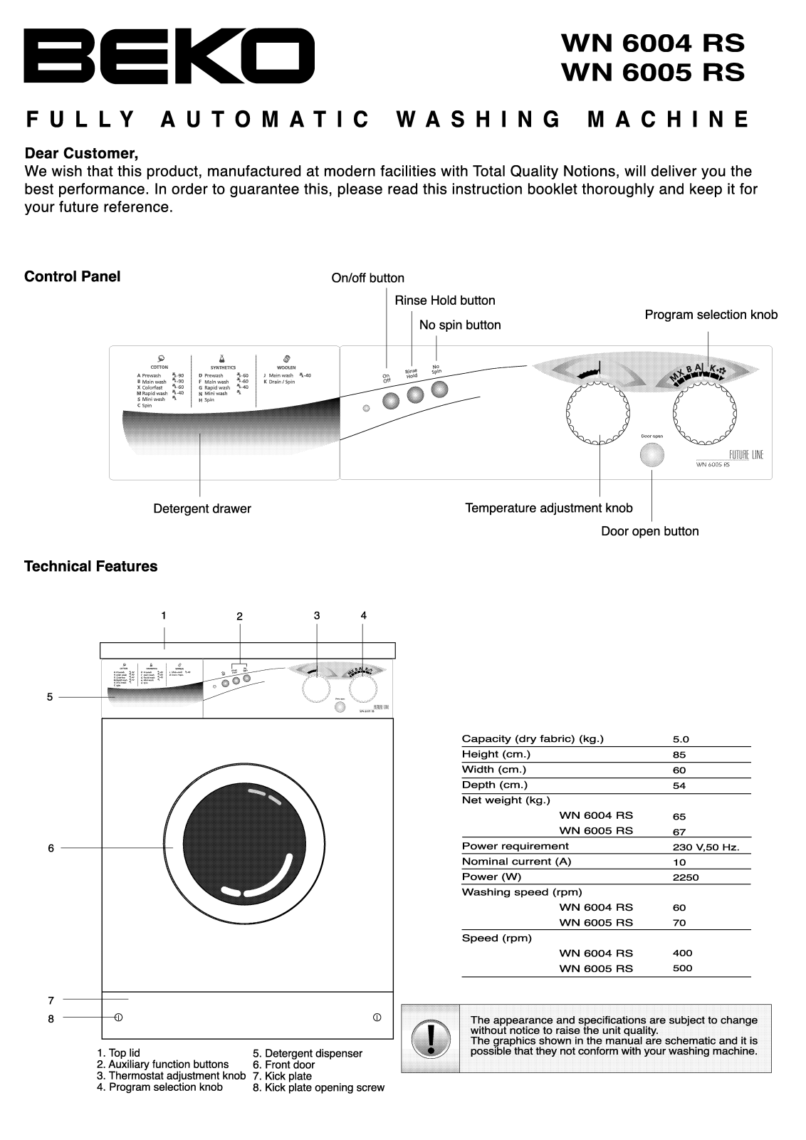 BEKO WN 6005 RS, WN 6004 RS User Manual