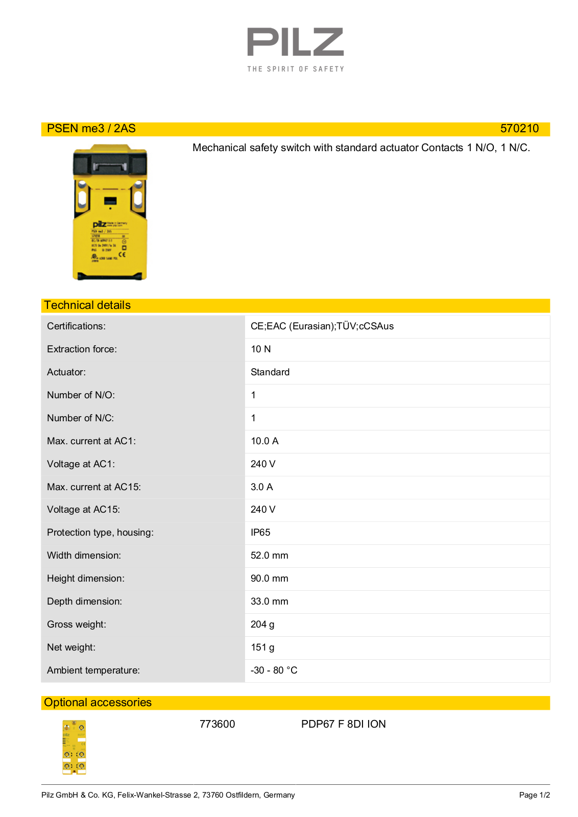 Pilz 570210 Data Sheet