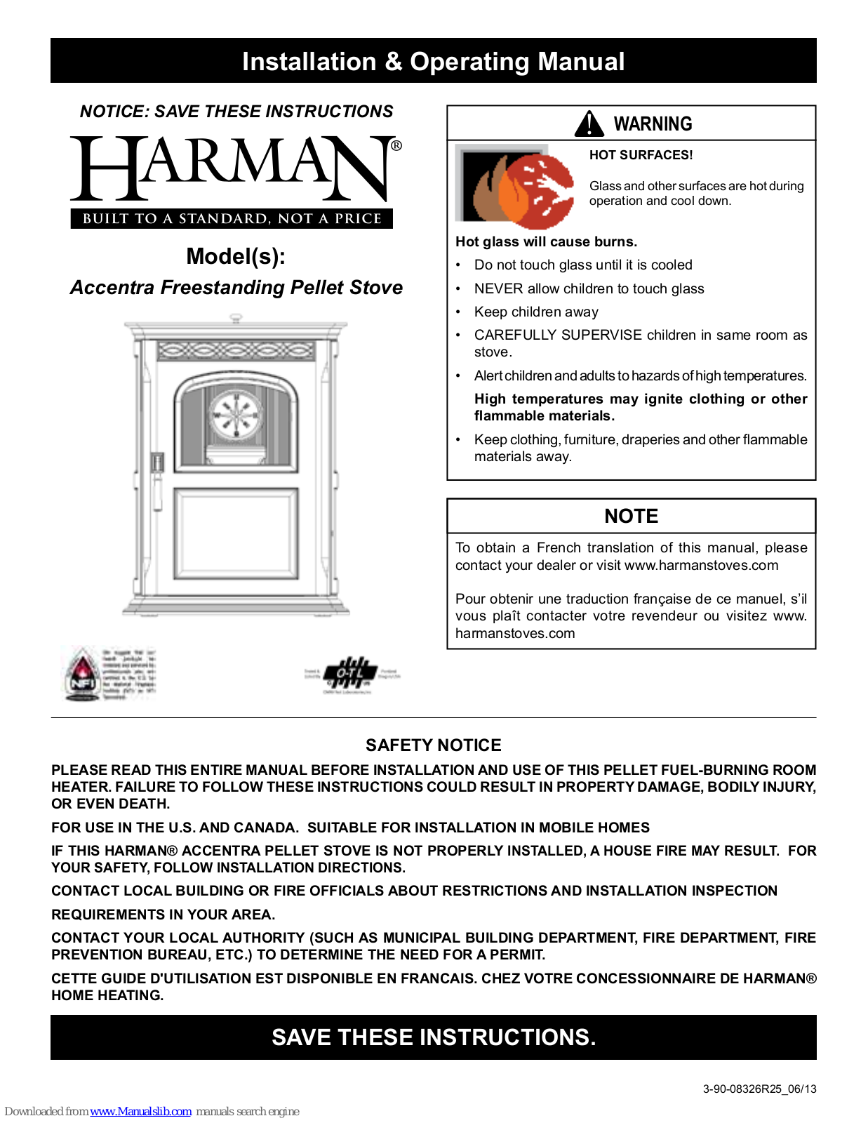 Harman Accentra Freestanding Pellet Stove Installation & Operating Manual