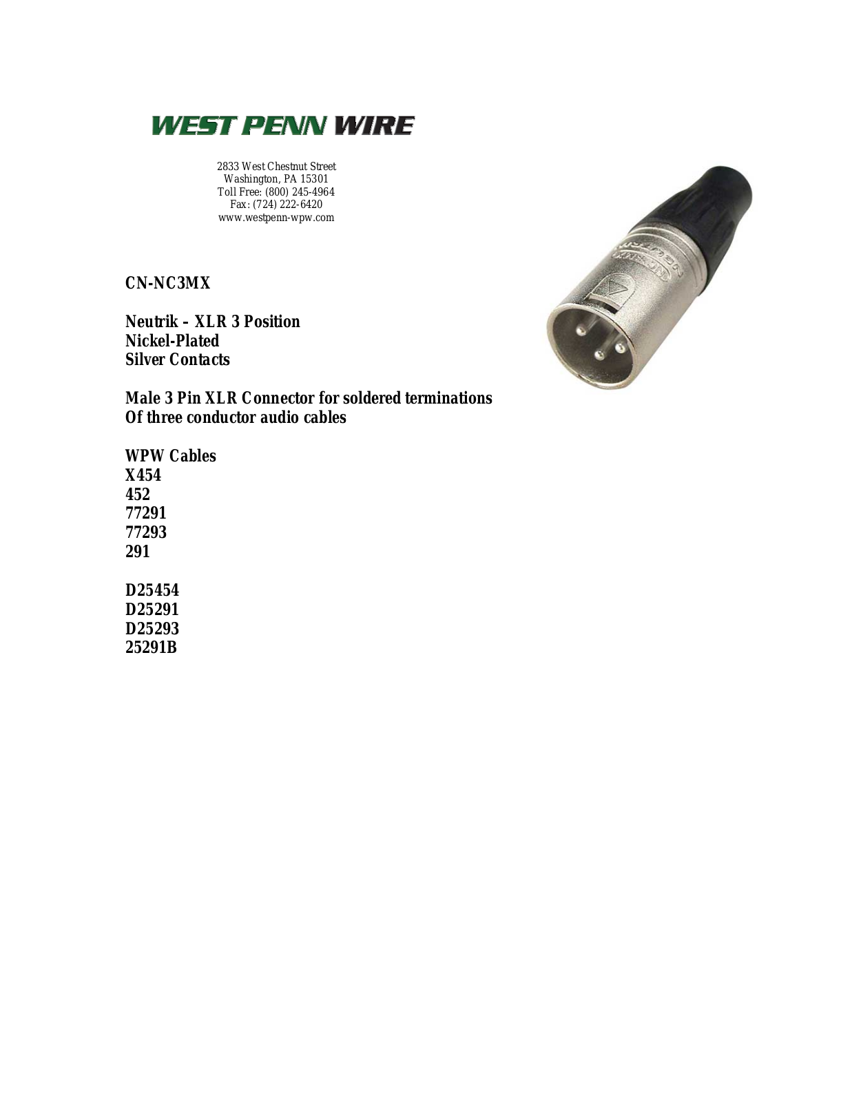 West Penn CN-NC3MX Specsheet