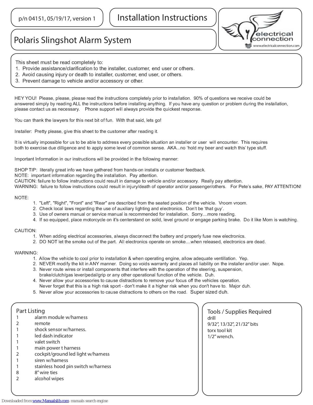 Polaris Slingshot Installation Instructions Manual