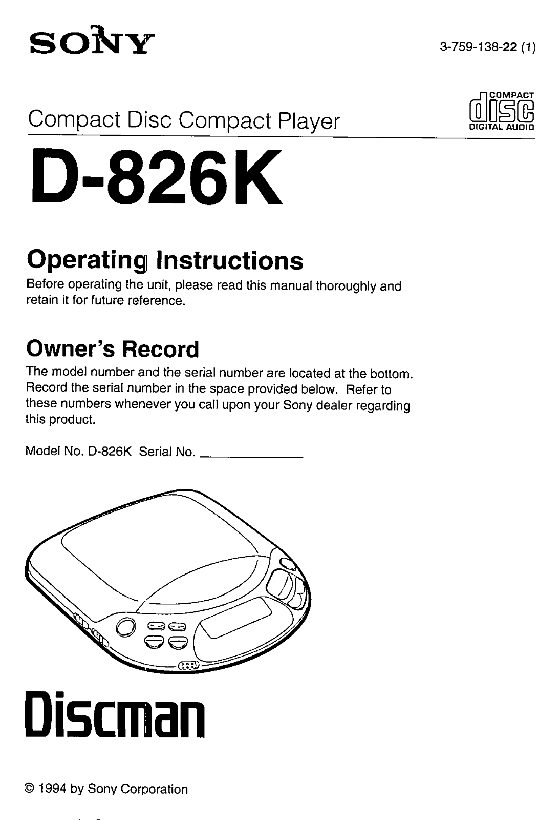 Sony D826K Operating Instructions